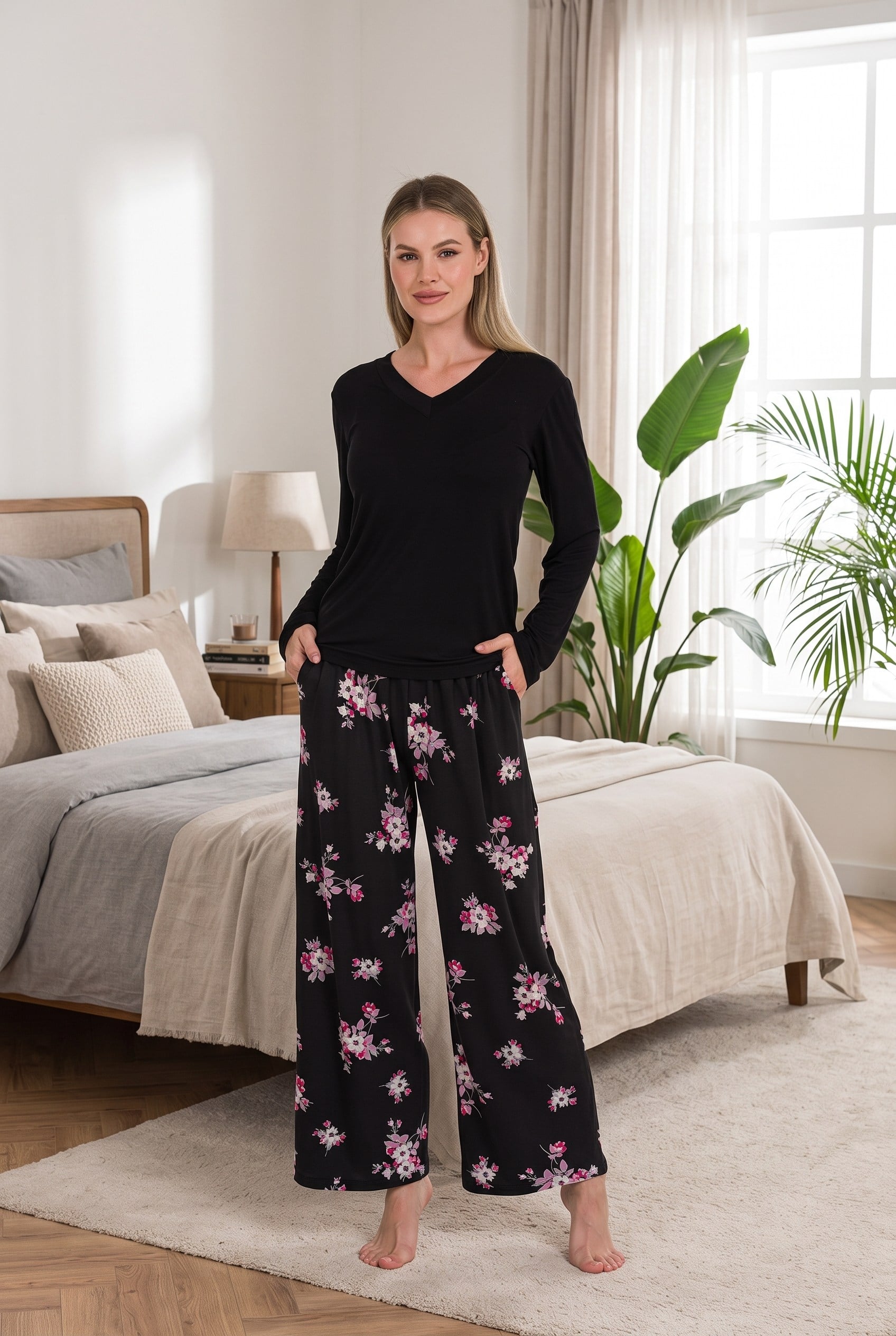 Şık Tasarım Çiçek Desenli Geniş Paçalı Yumuşak Dokulu Viskon Kumaş V Yaka 2'li Pijama Takımı
