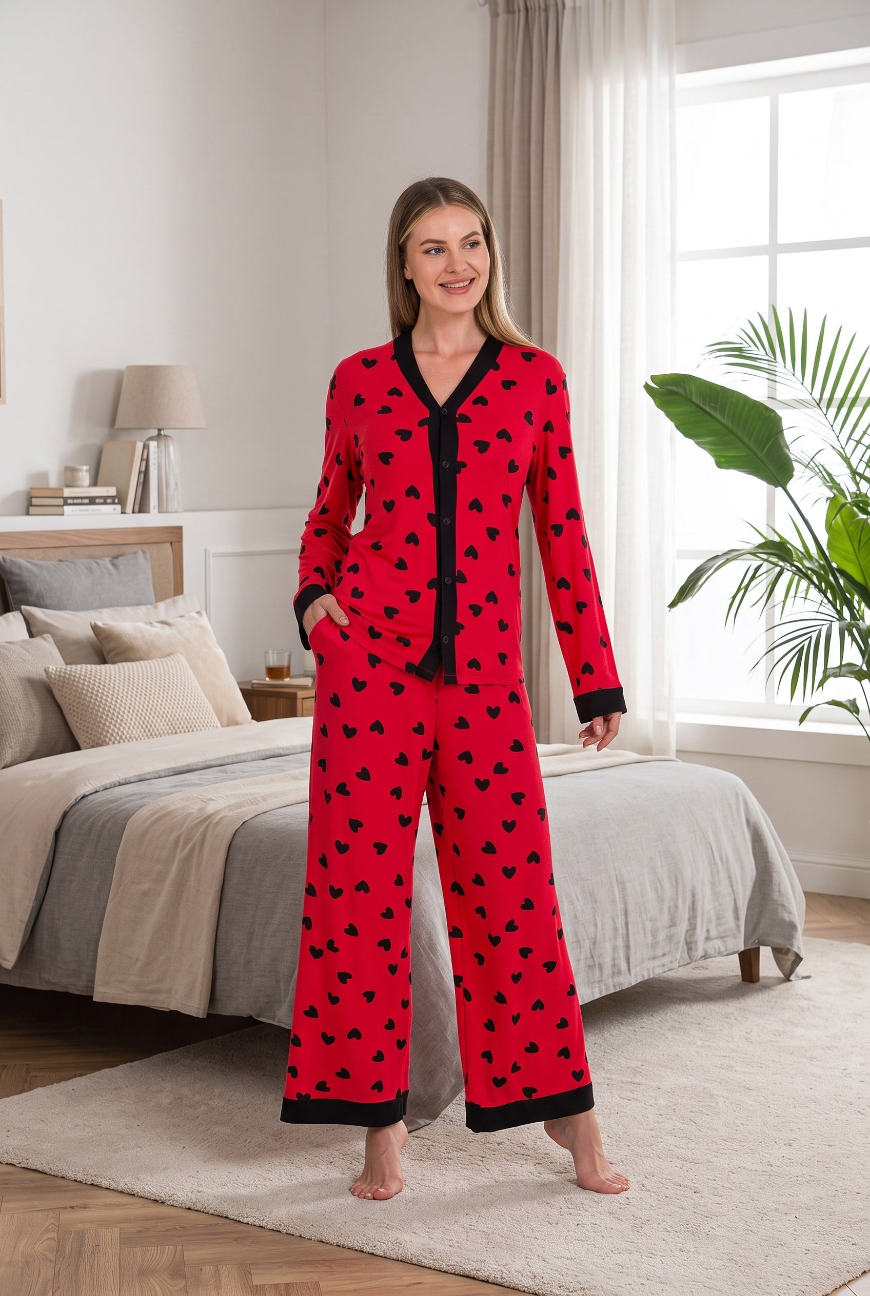 Şık Tasarım Kalp Desenli Geniş Paçalı Yumuşak Dokulu Viskon Kumaş Düğmeli 2'li Pijama Takımı