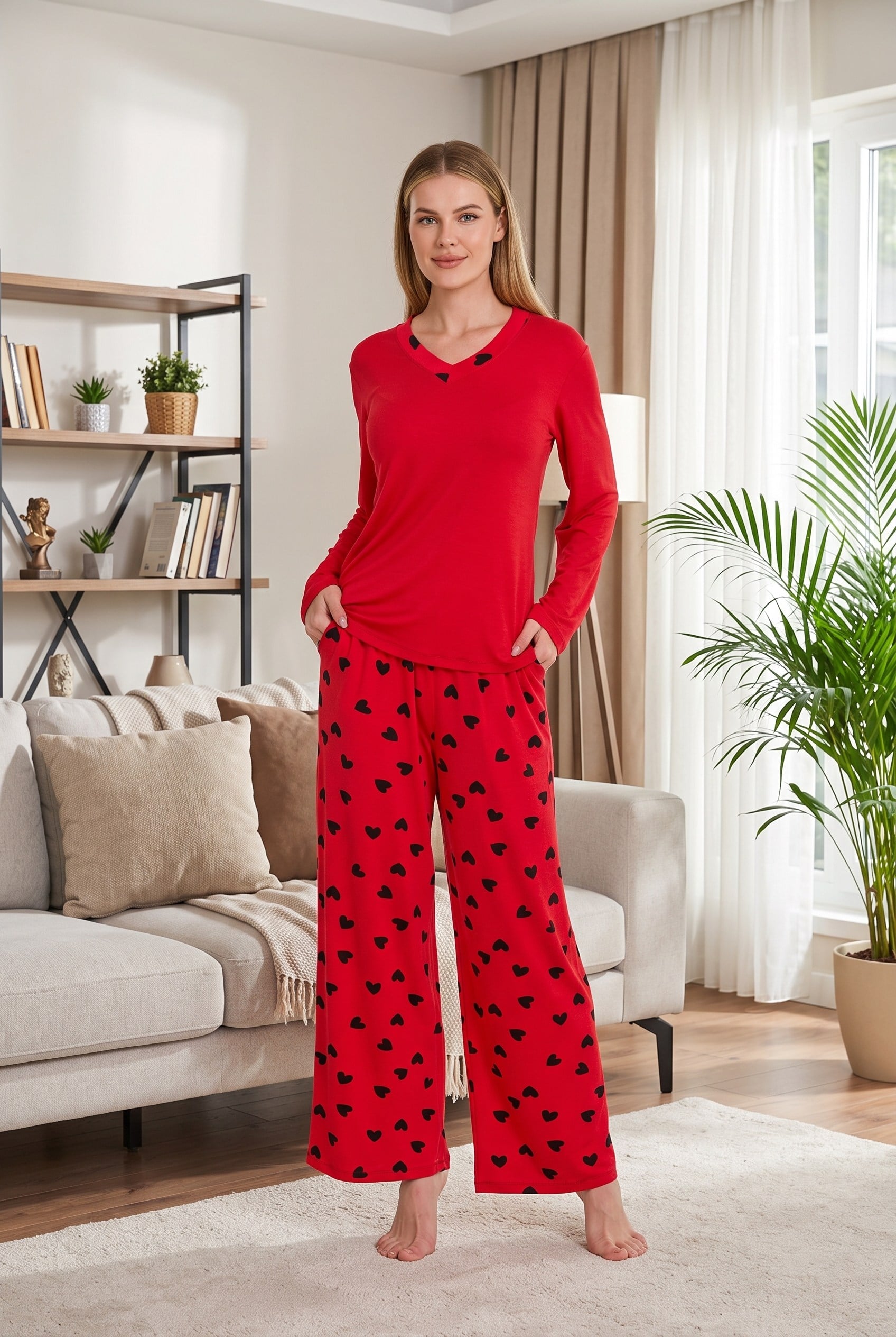 Şık Tasarım Kalp Desenli Geniş Paçalı Yumuşak Dokulu Viskon Kumaş V Yaka 2'li Pijama Takımı