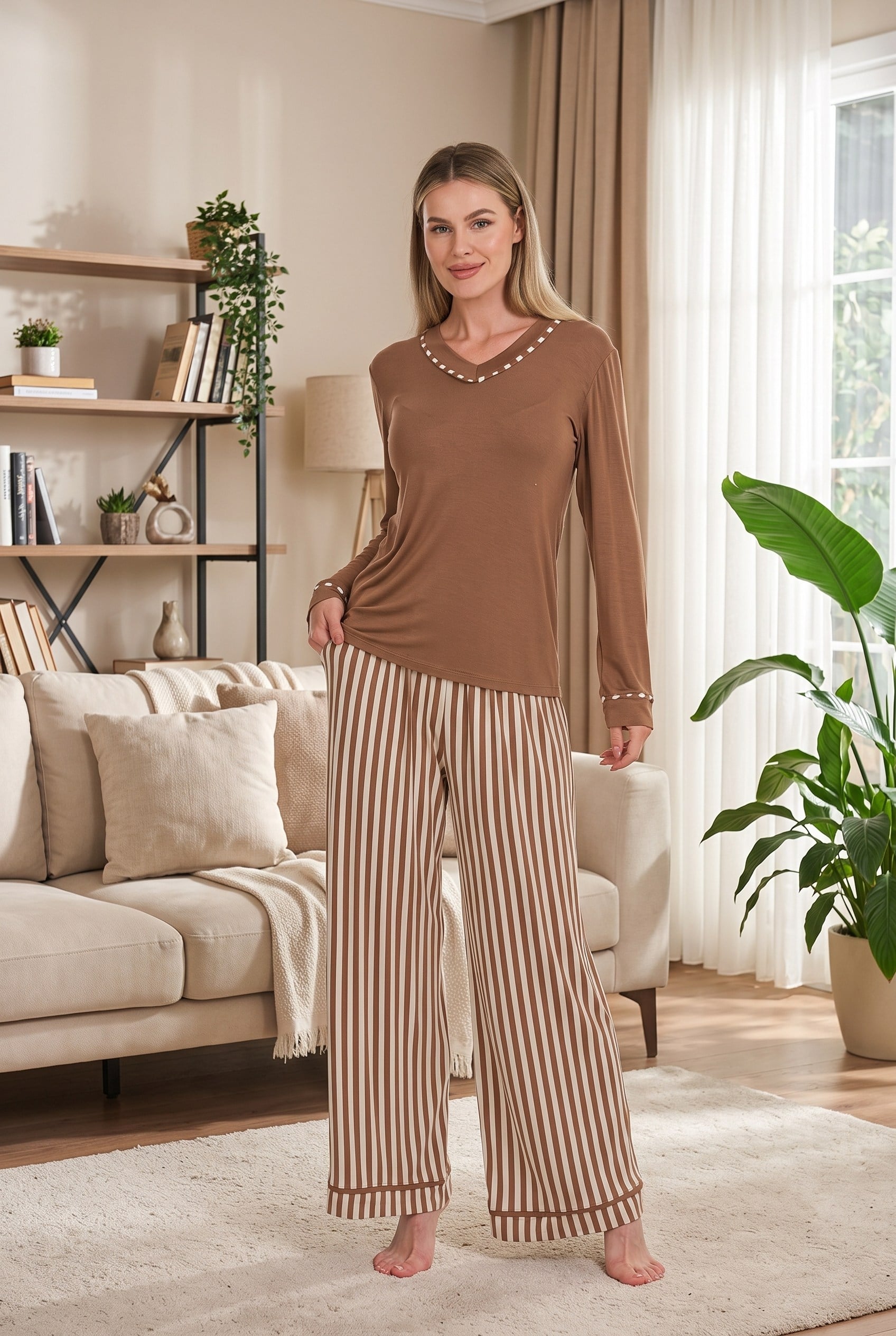 Şık Tasarım V Yaka Biyeli Viskon Geniş Paçalı Çizgili 2'li Loungewear Pijama Takımı
