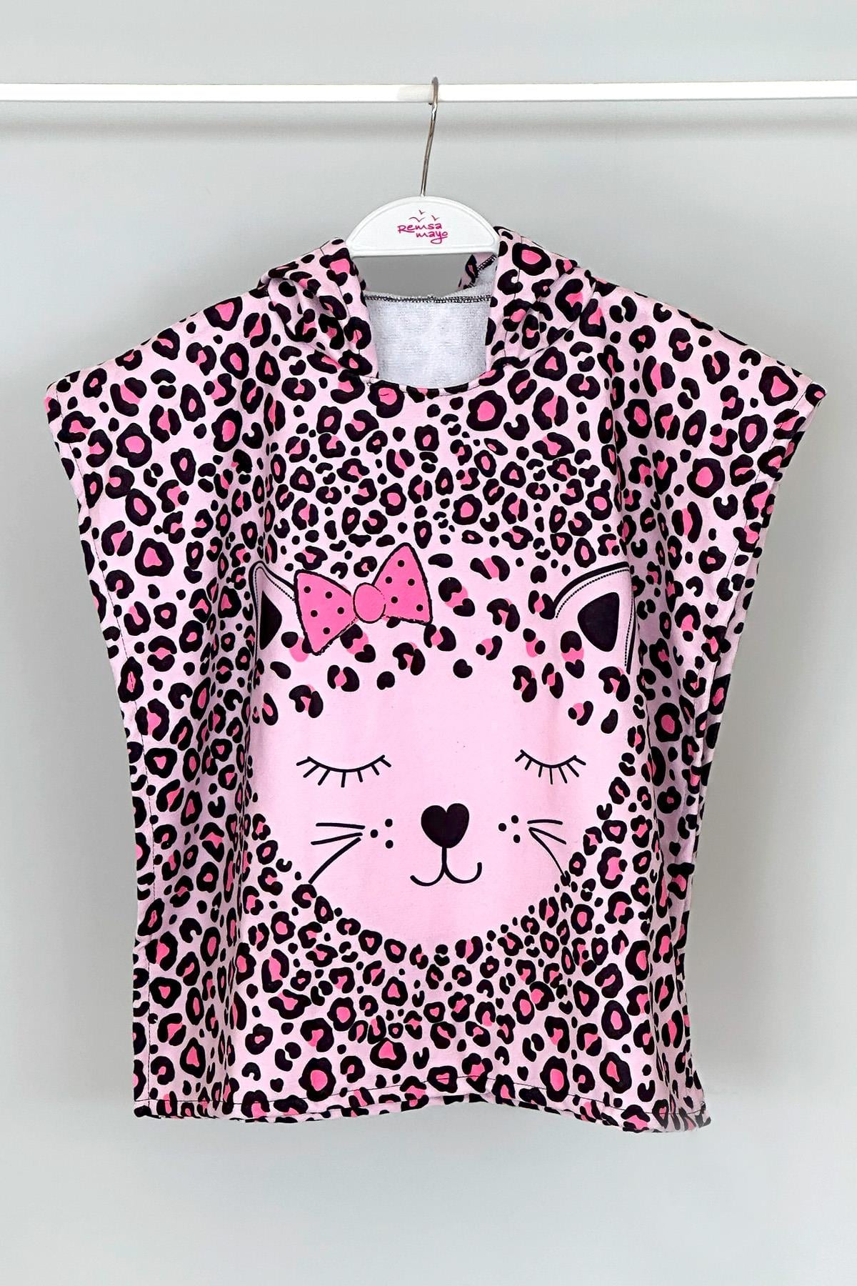  Çocuk Bebek Deniz Havuz Kapüşonlu Panço Plaj Havlusu CP02 Leopar Pembe