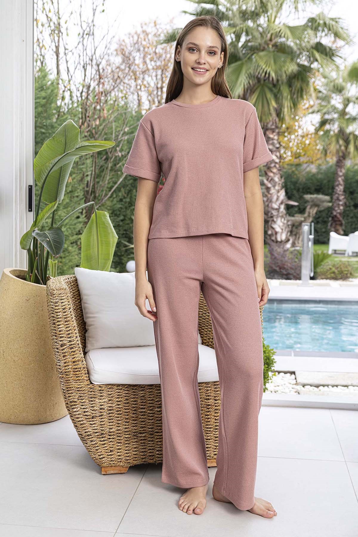  Kadın Kısa Kol Waffle Kumaş Pijama Takımı 260109 Gül Kurusu