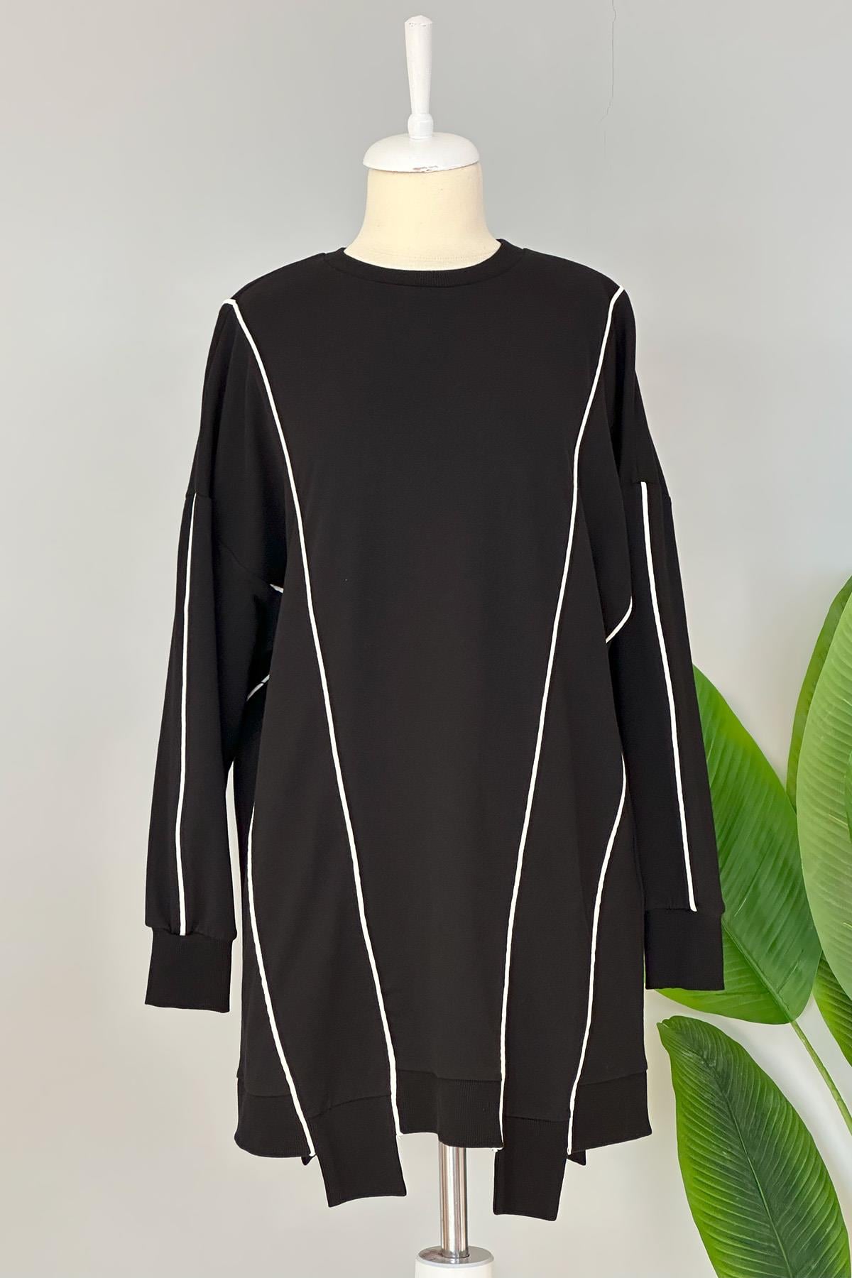 Basic Biye Detaylı Sweat Tunik 10413 Siyah