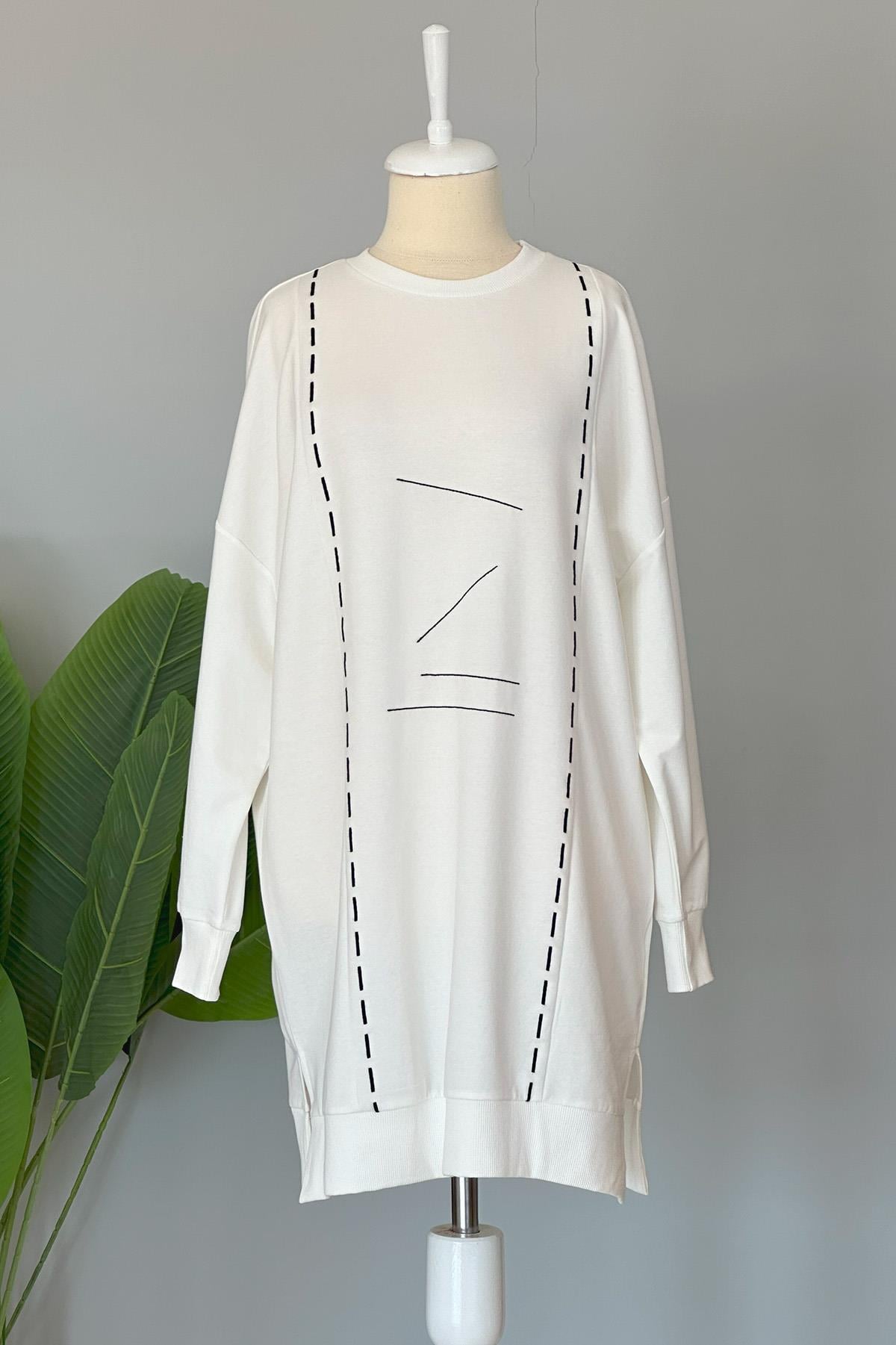 Basic Dikiş Detaylı Sweat Tunik 10425 Ekru