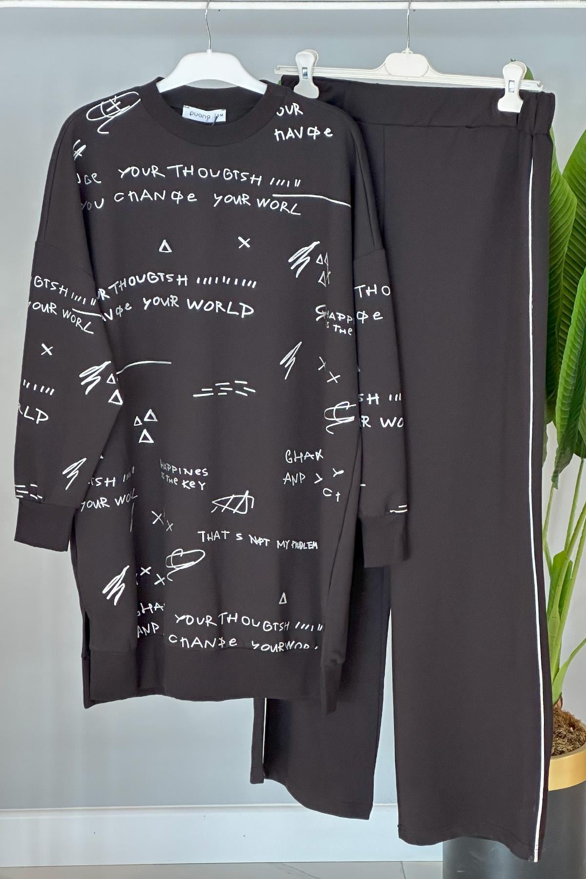 Basic Pantolonlu Takım Baskı Detay 14202 Siyah