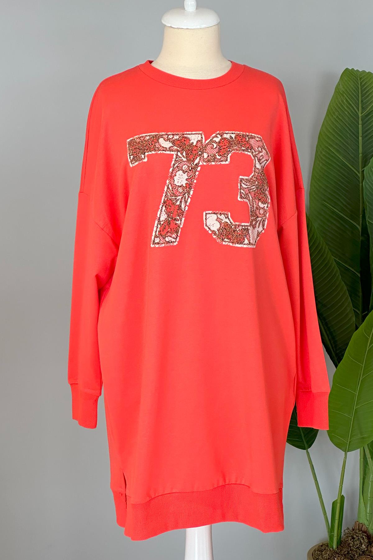 Baskı Detaylı Basic Tunik Sweat 10453 Mercan