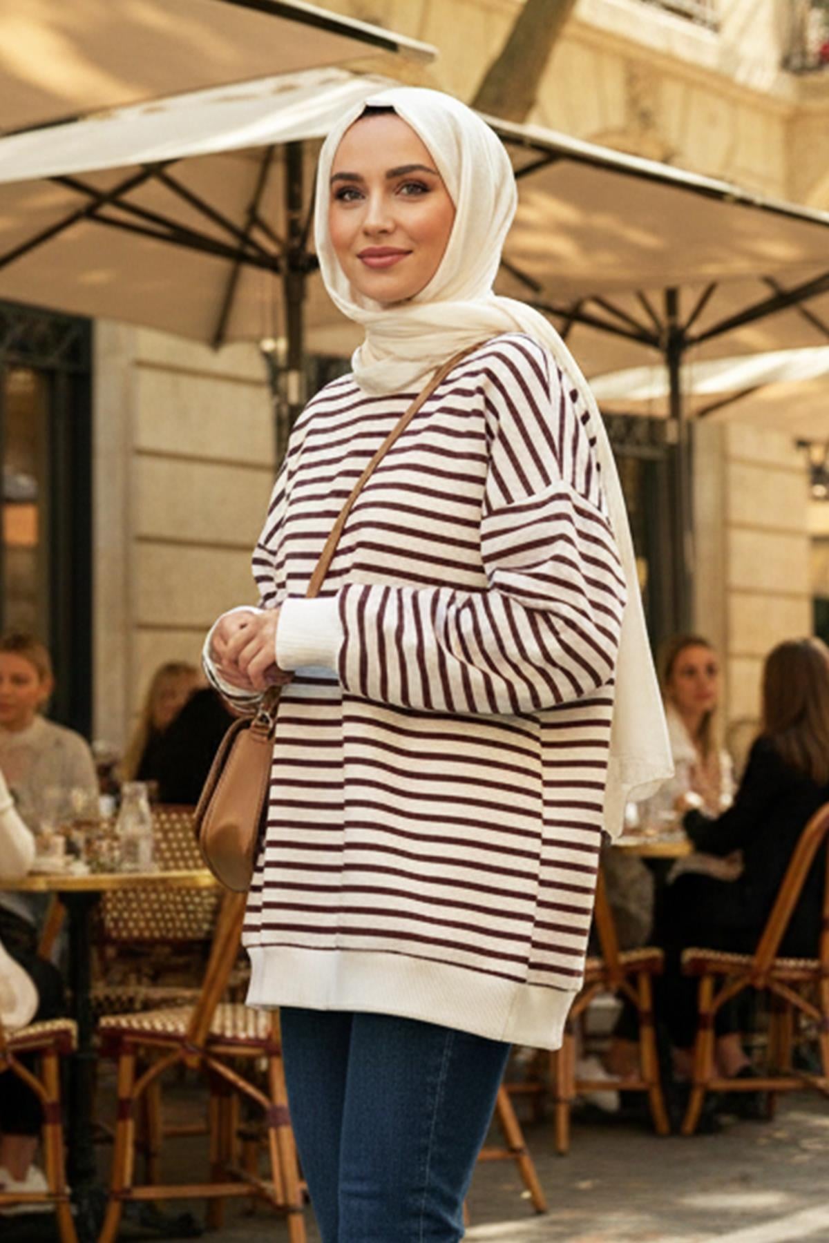 Bisiklet Yaka Çizgili Basic Uzun Kol Sweatshirt 3030 Bordo