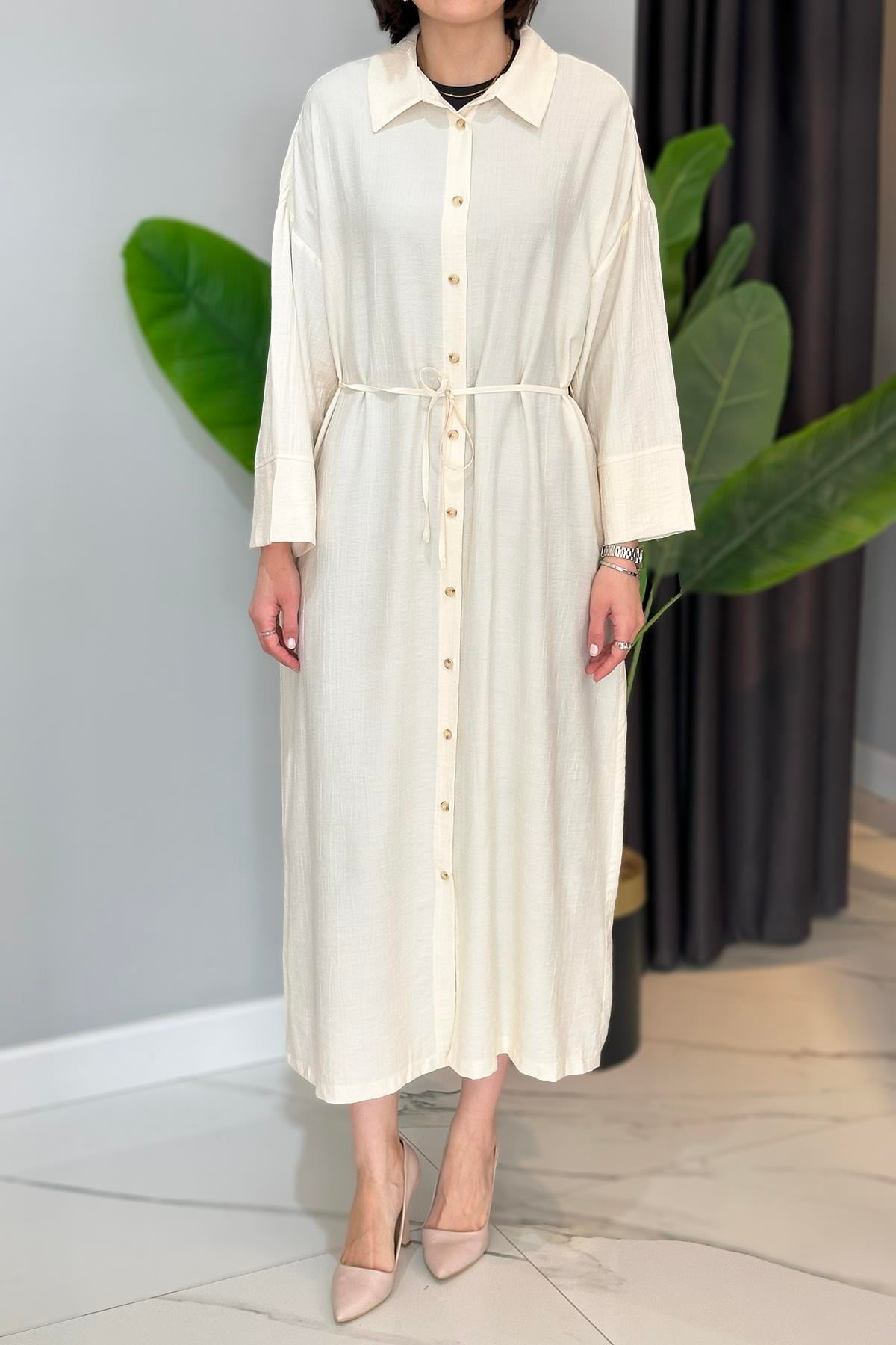 Biye Kemerli Gömlek Elbise 34268 Bej