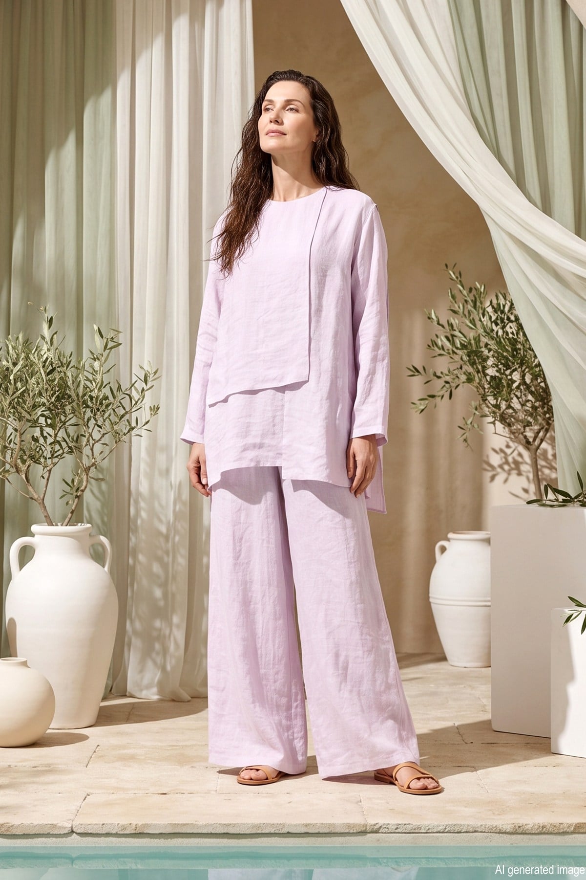 Bluz Önü Parçalı Bol Paça Pantolonlu Nil Takım 965 Lila