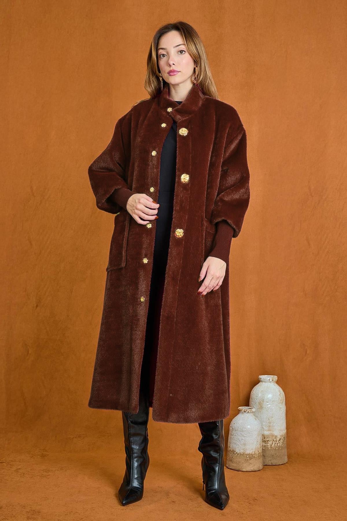 Broş Detaylı Angora Kaban Mont 15231 Kahverengi