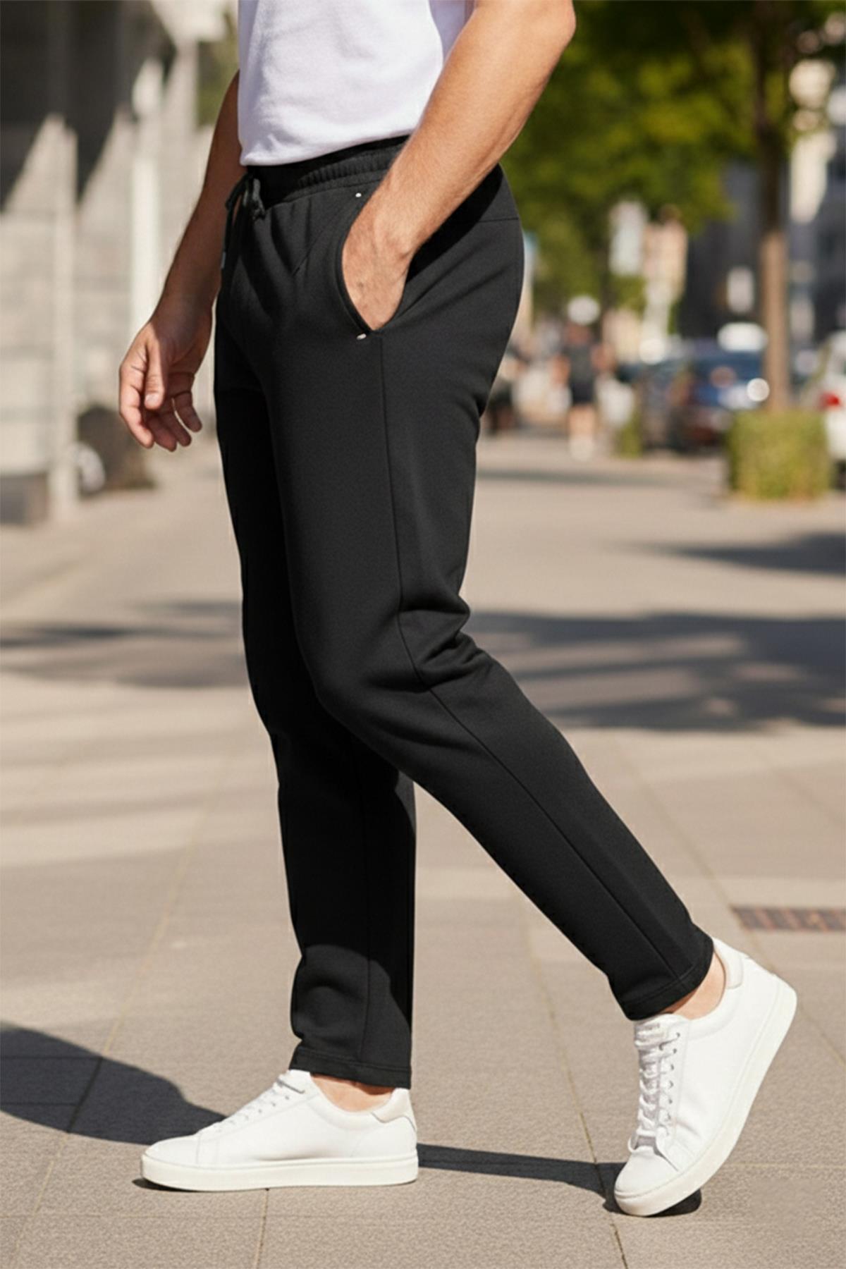 Büyük Beden Beli Lastikli  Paçası Düz Erkek Üç Cepli Eşofman Altı 340 Siyah