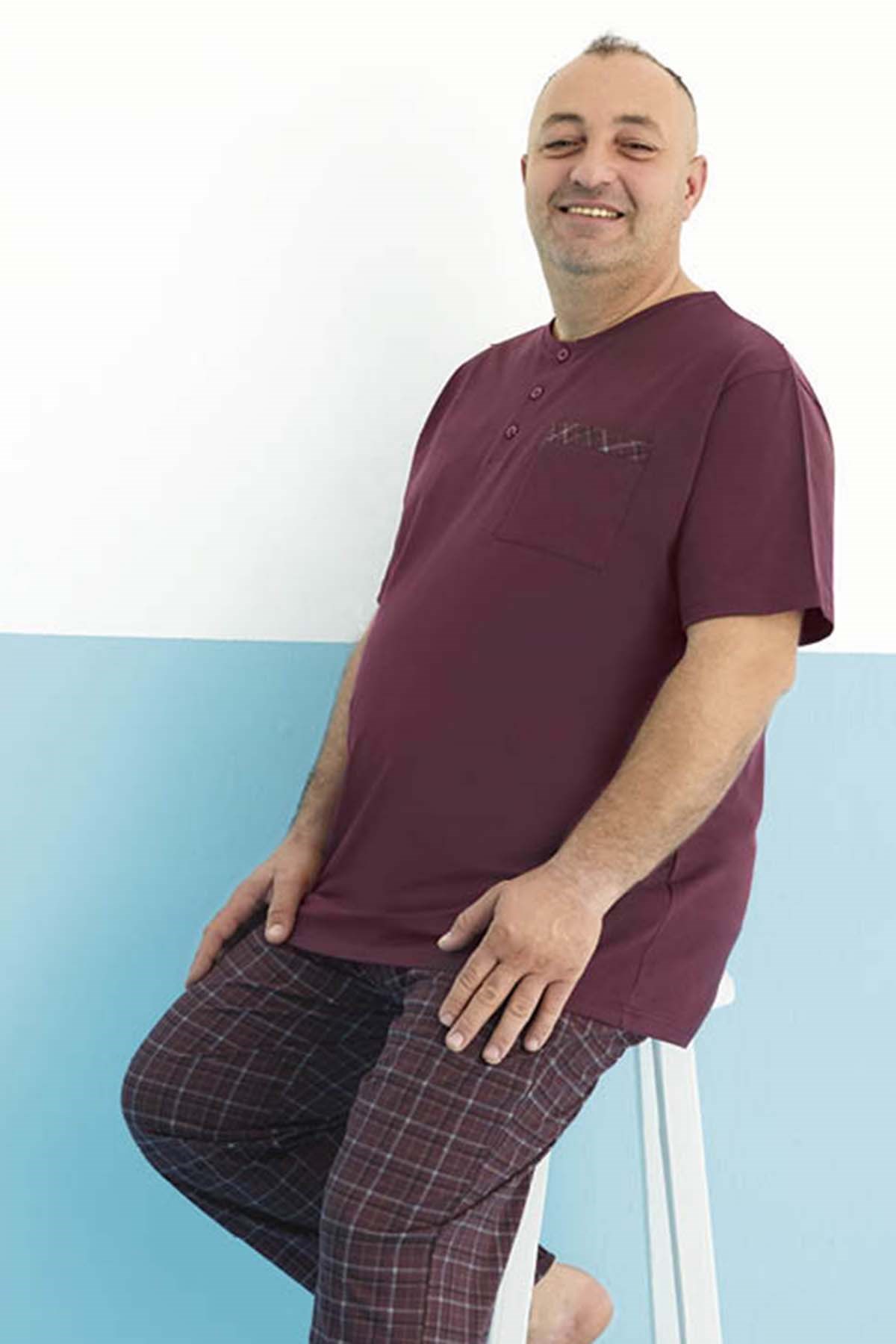 Büyük Beden Erkek Kısa Kol Modal Pijama Takım 250180 Bordo03