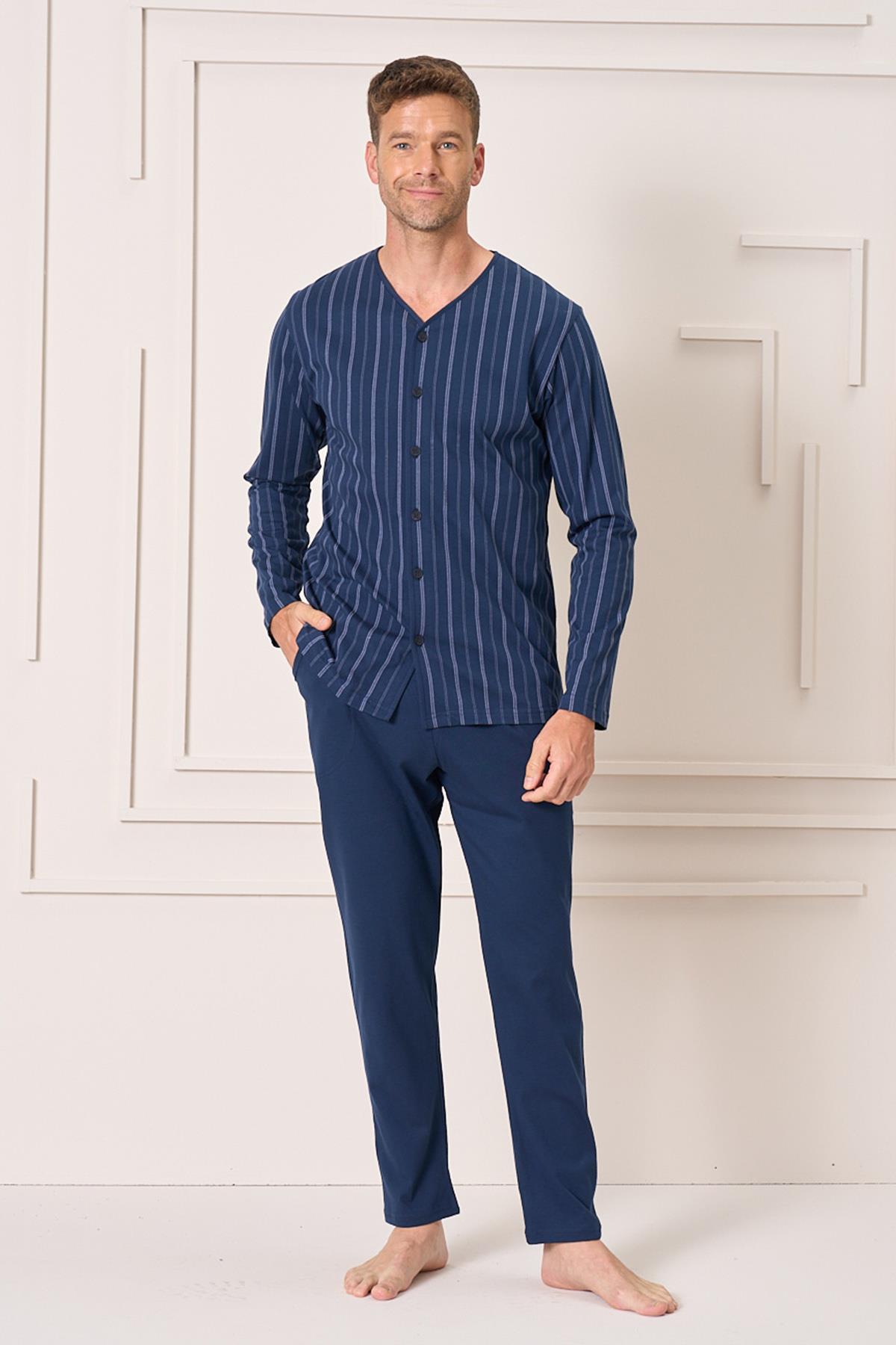 Büyük Beden Erkek Penye Uzun Kol Pijama Takımı 2144 Lacivert01