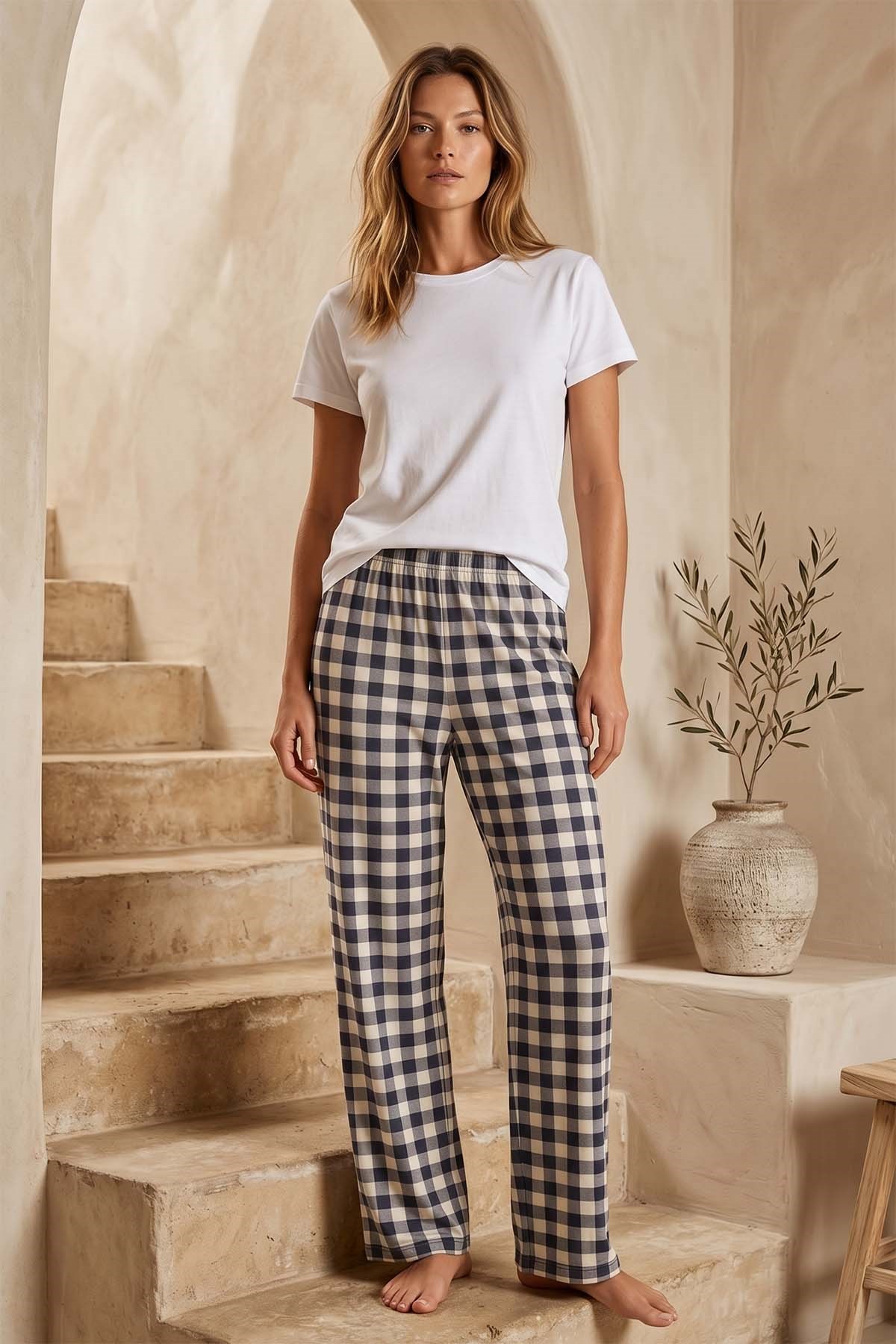 Büyük Beden Kadın Ekose Viskon Kumaş Penye Battal Tek Pijama Alt 22 Bej