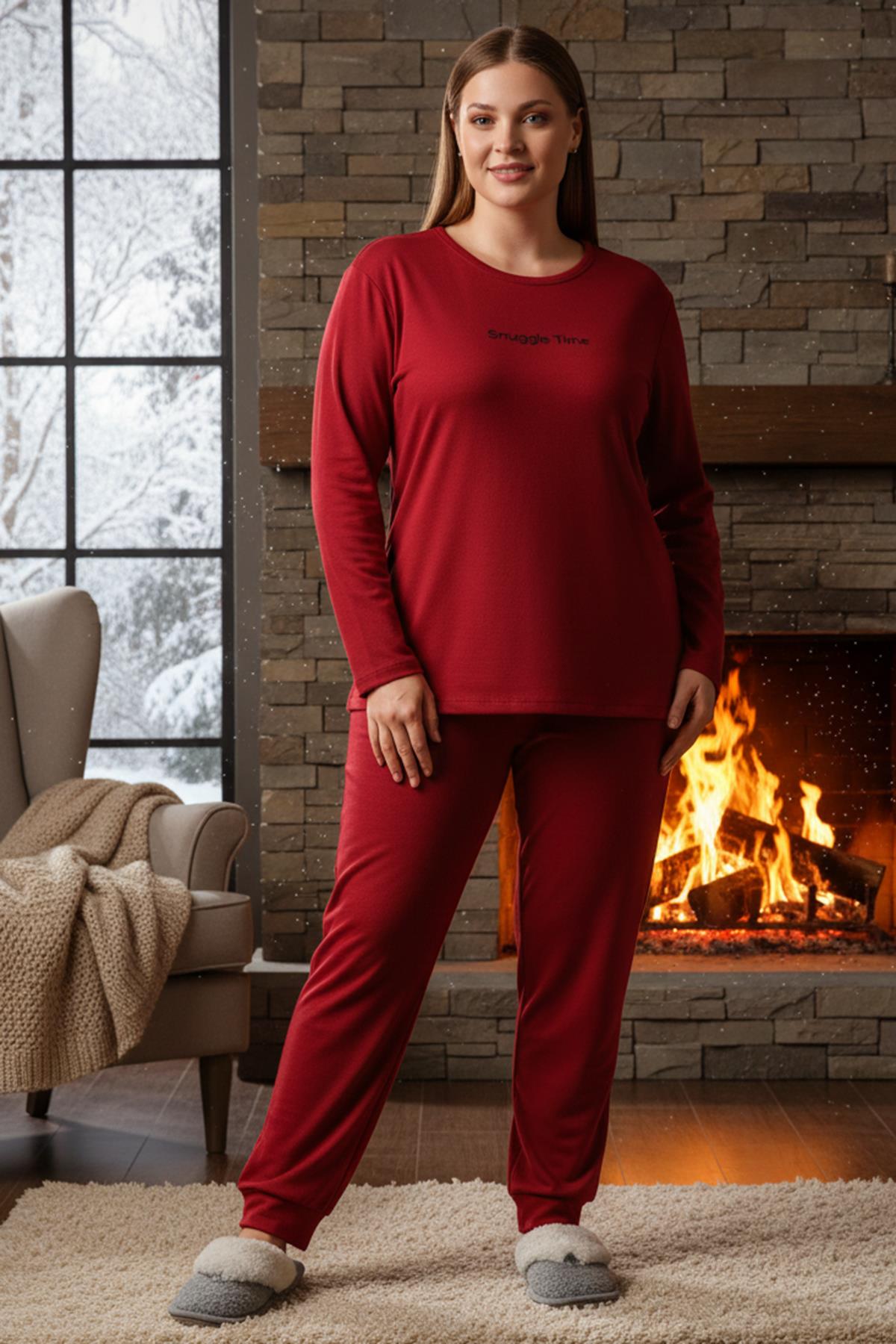 Büyük Beden Kadın Kadife Kumaş Pijama Takımı 13212 Kırmızı