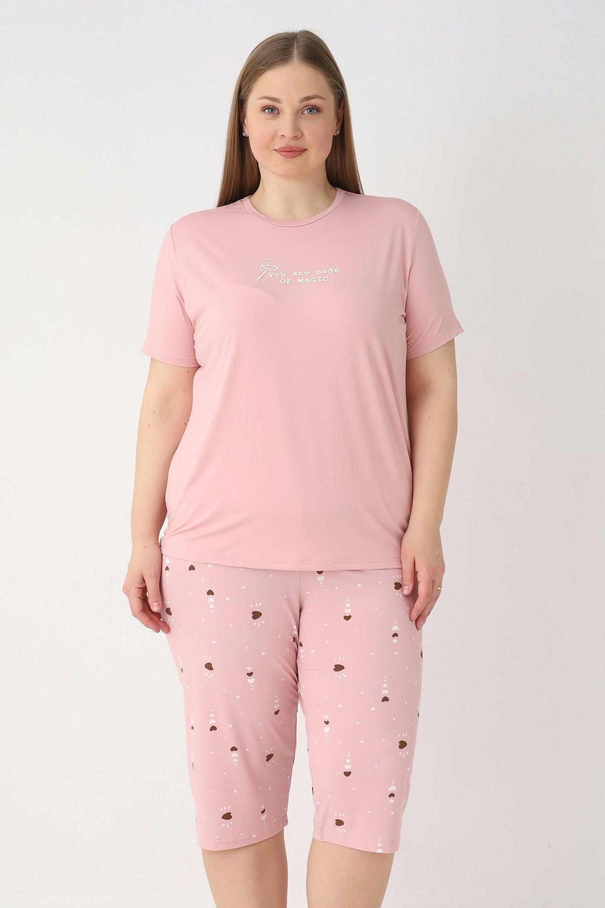 Büyük Beden Kadın Kısa Kol Kaprili Pijama Takımı 26084 Pudra