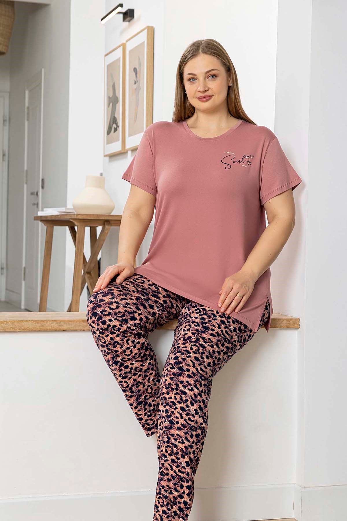 Büyük Beden Kadın Kısa Kol Viskon Pijama Takımı 260054 Gül Kurusu