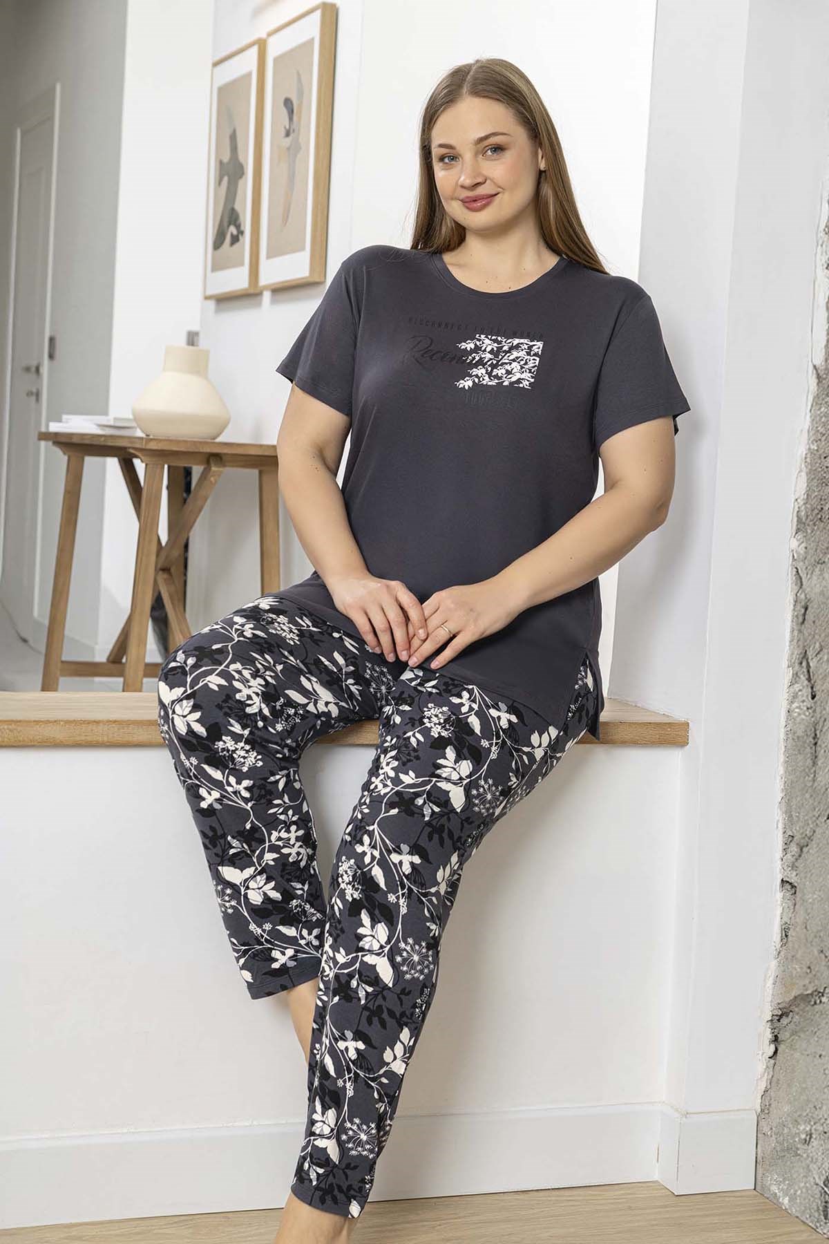 Büyük Beden Kadın Kısa Kol Viskon Pijama Takımı 260061 Antrasit
