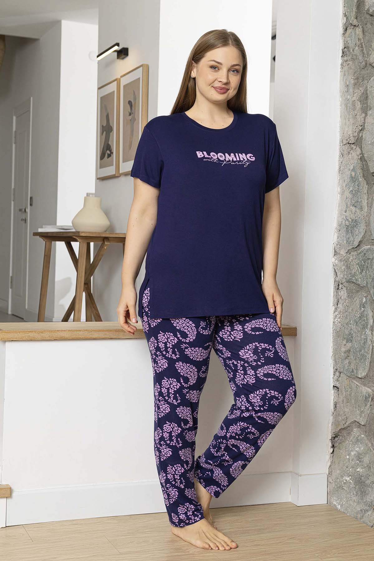 Büyük Beden Kadın Kısa Kol Viskon Pijama Takımı 260064 Lacivert01
