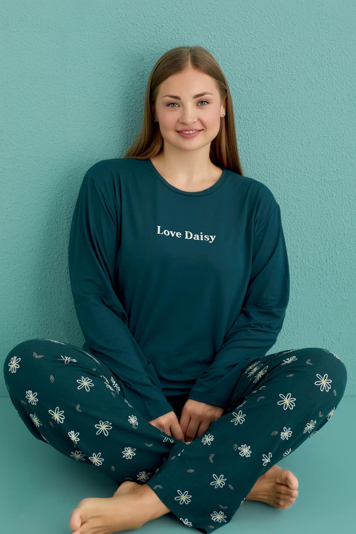 Büyük Beden Kadın Milan Kumaş Pijama Takımı 50802-23 Petrol