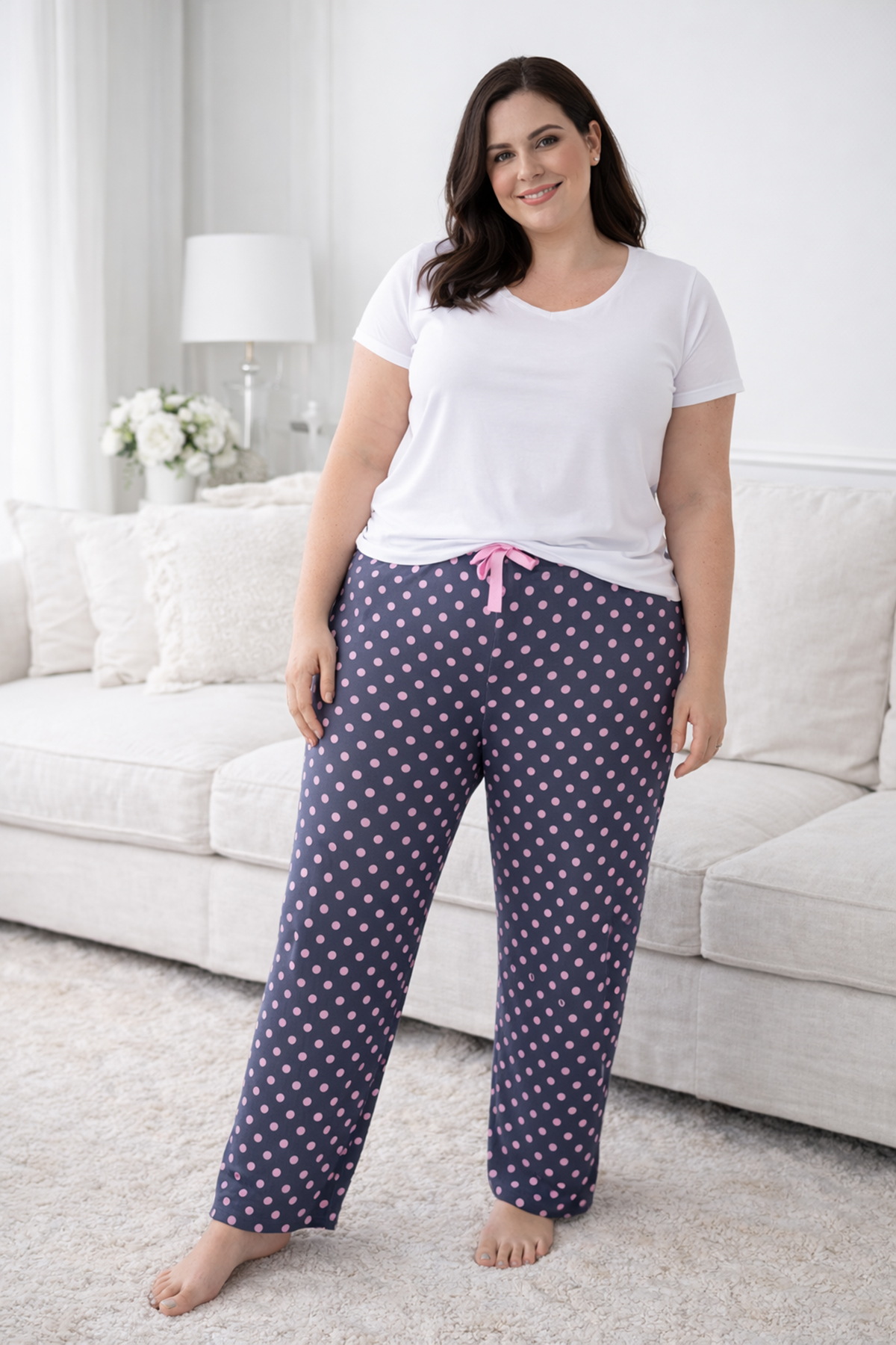 Büyük Beden Kadın Puantiye Desen Viskon Kumaş Penye Battal Tek Pijama Alt 03 Antrasit