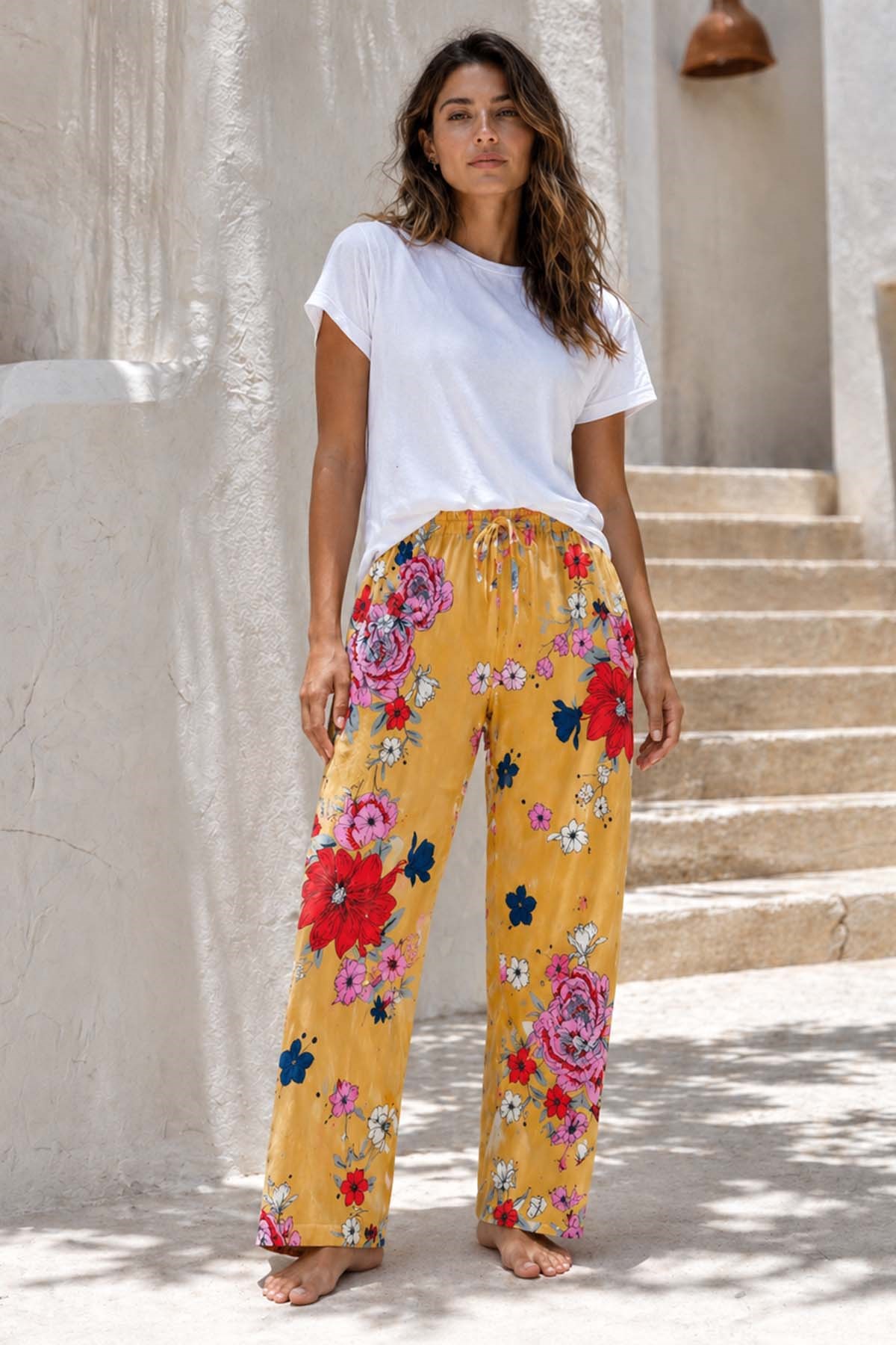 Büyük Beden Kadın Viskon Kumaş Çiçek Desen Penye Battal Tek Pijama Alt 17 Sarı