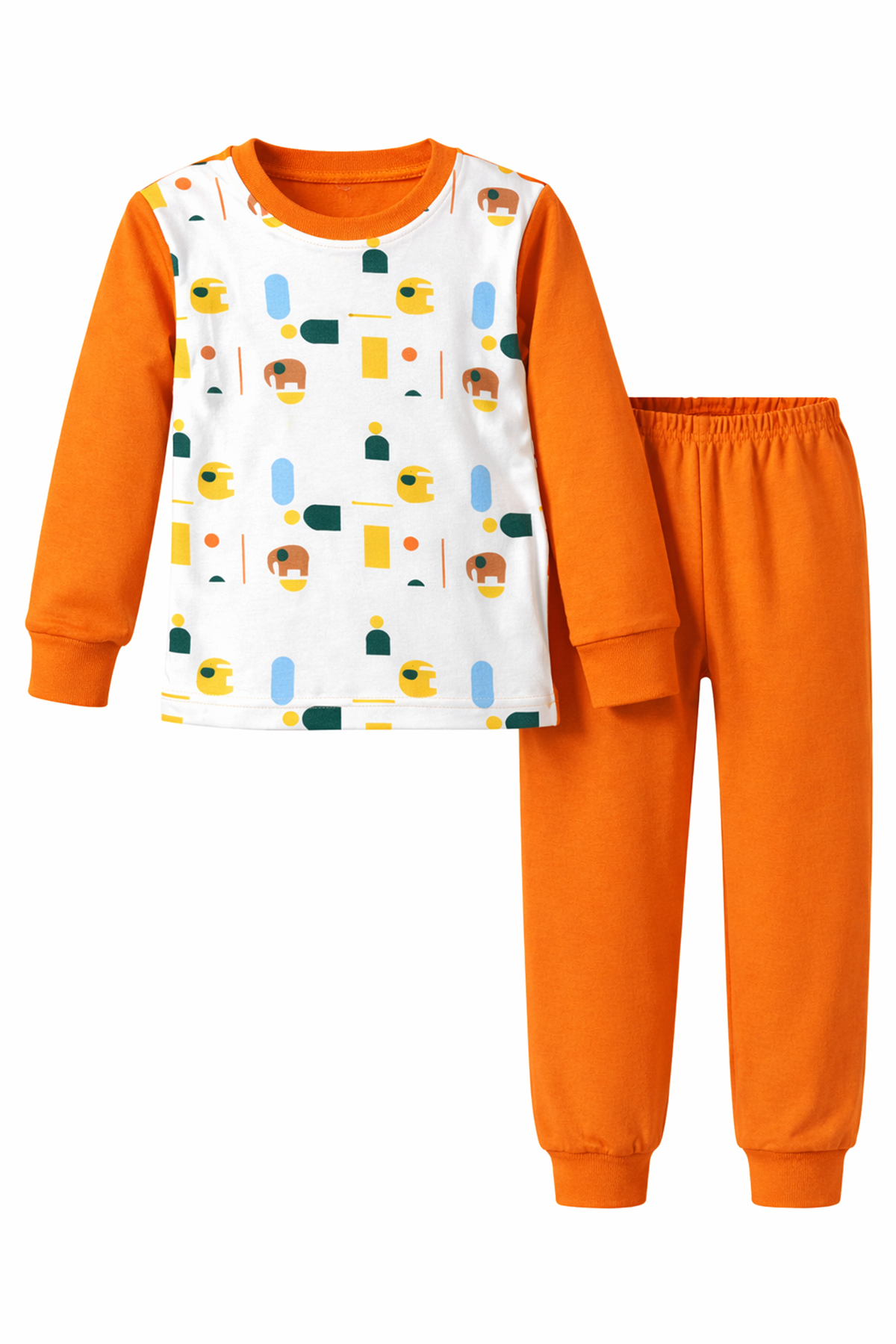 Çocuk Pamuklu Desenli Pijama Takımı 6068-03 Turuncu