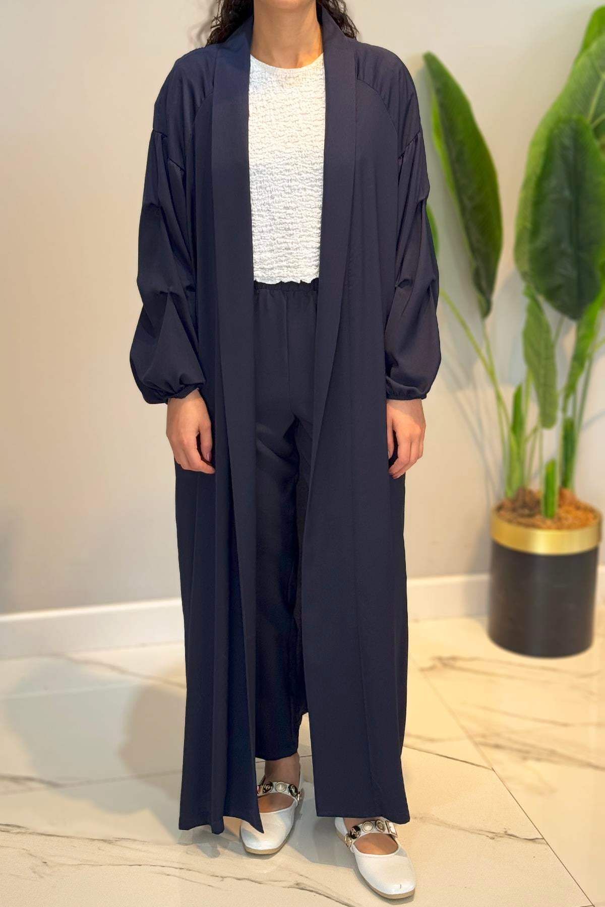 Cupra Kumaş  Kolları Büzgülü Kaftan 58102 Lacivert