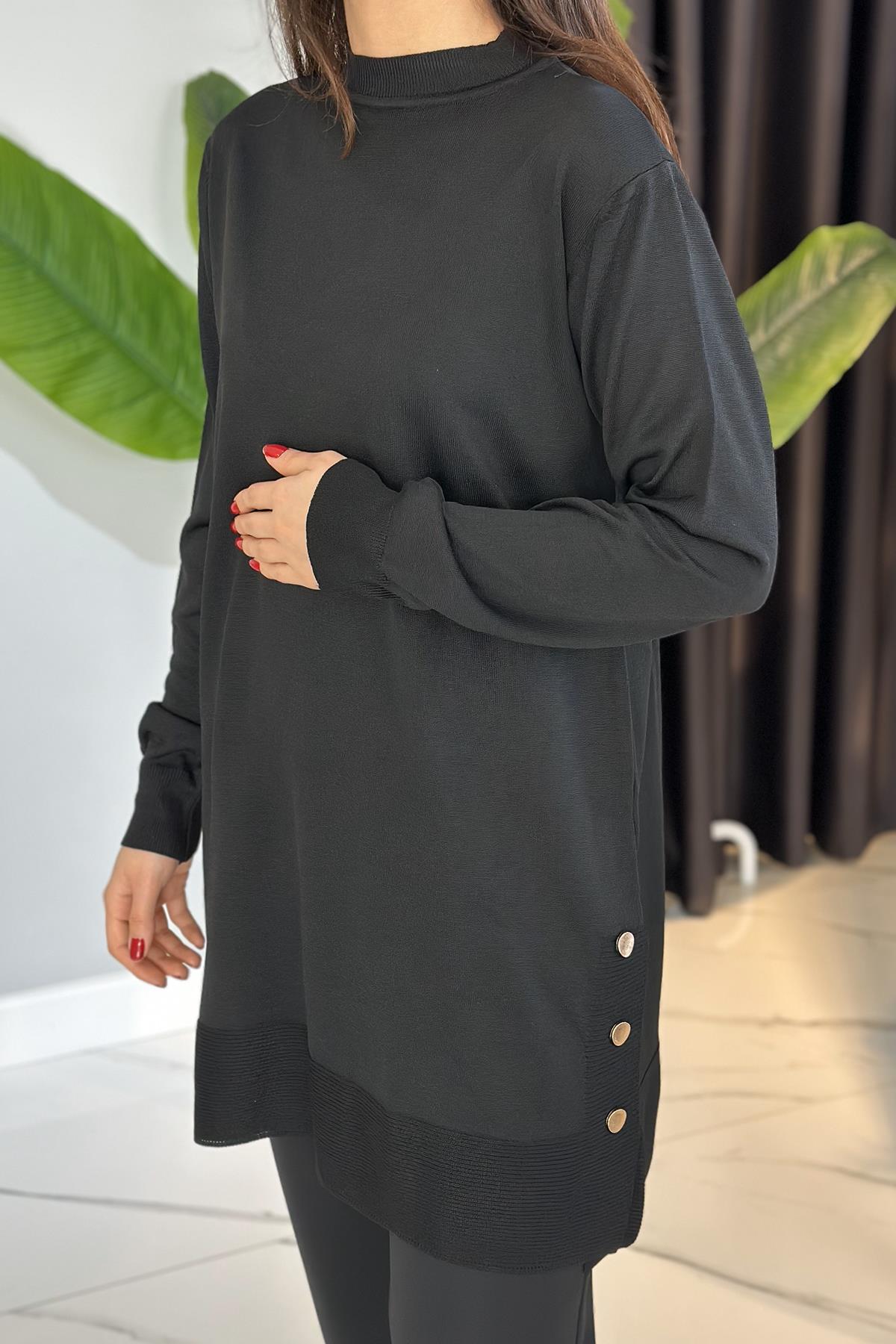Düğme Detay Triko Tunik 34120 Siyah