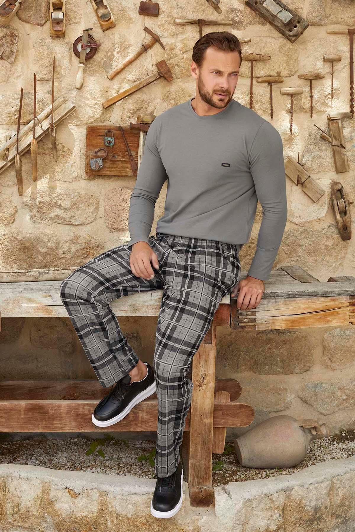 Erkek Aydoğan Jakar Uzun Kol Pijama Takımı 3382 Gri