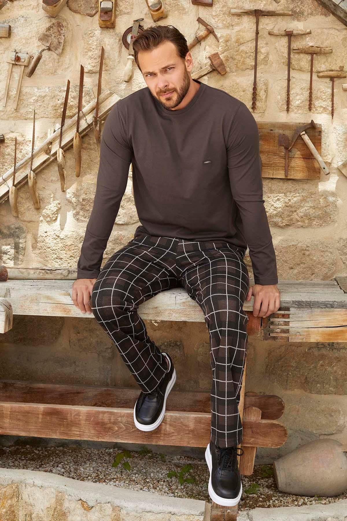 Erkek Aydoğan Jakar Uzun Kol Pijama Takımı 3384 Kahverengi01