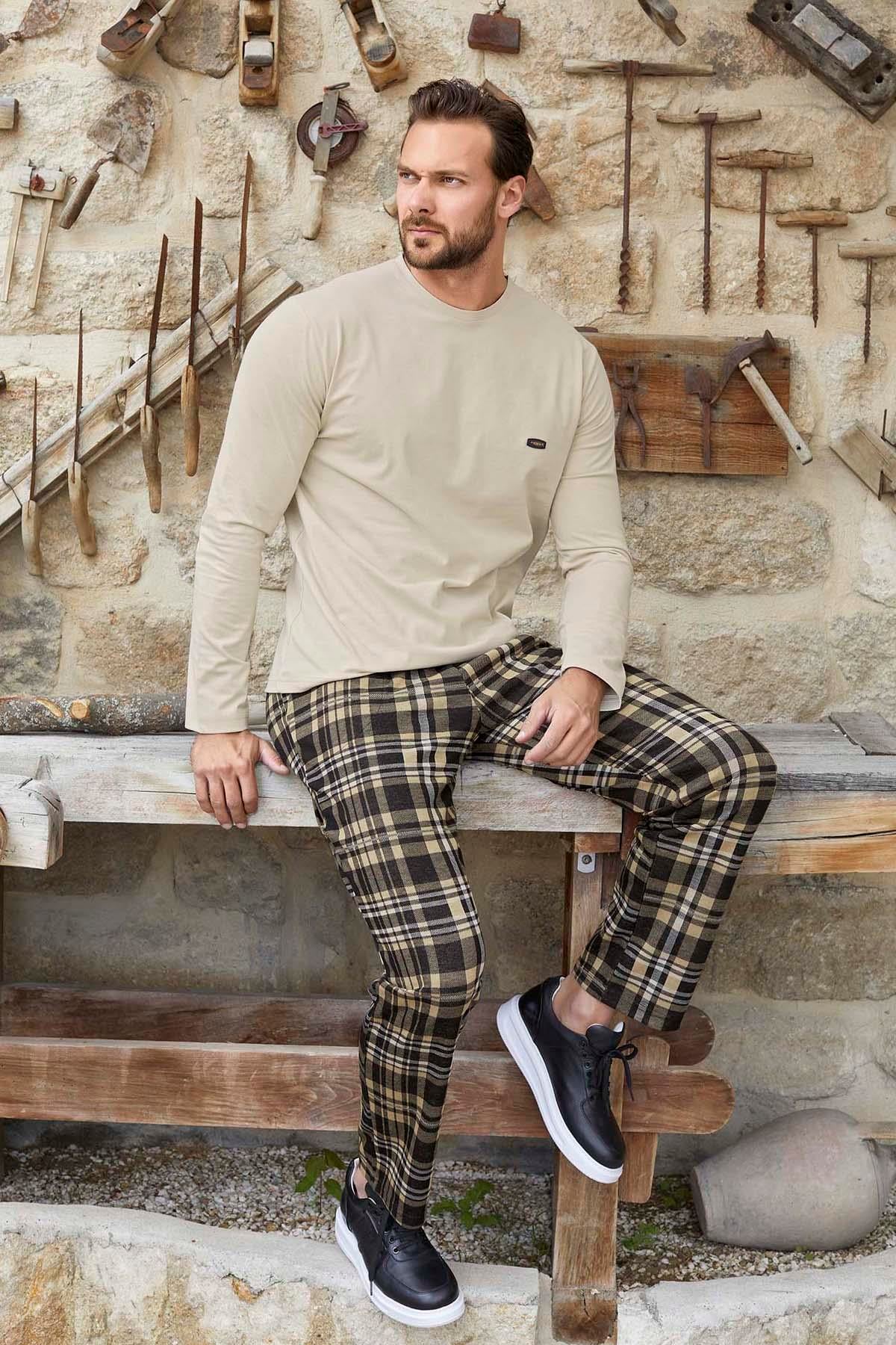 Erkek Aydoğan Jakar Uzun Kol Pijama Takımı 3378 Açık Vizon