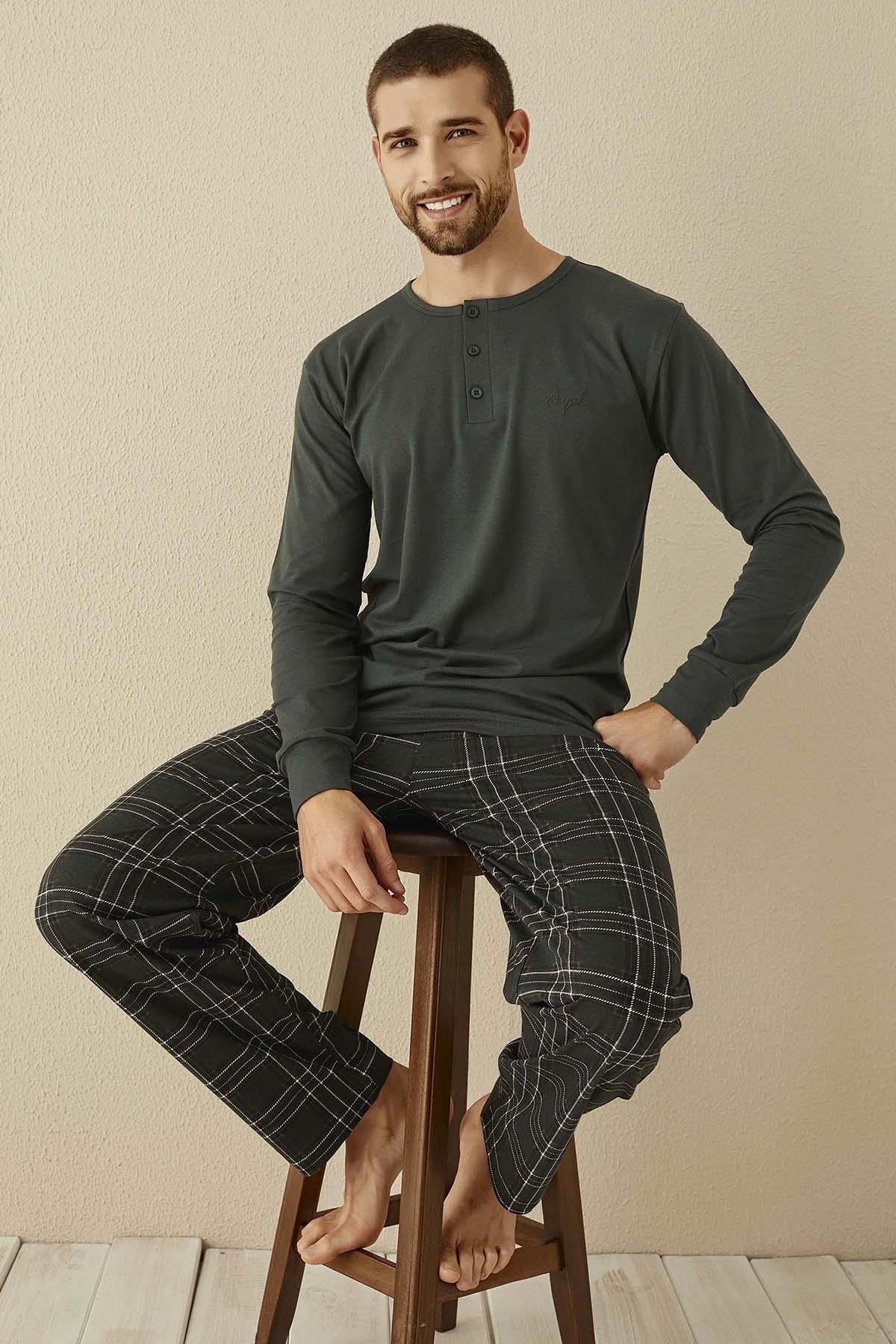 Erkek Aydoğan Modal Uzun Kol Pijama Takımı 3341 Haki01