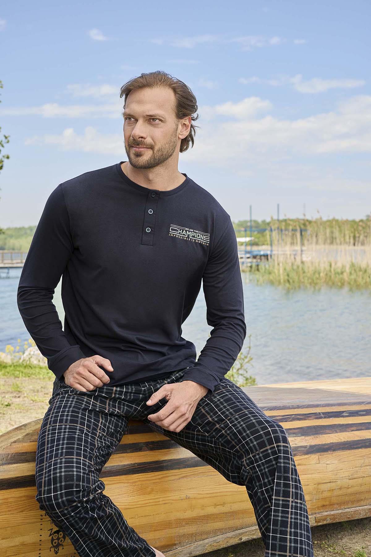 Erkek Aydoğan Pamuklu Pijama Takımı 3461 Lacivert