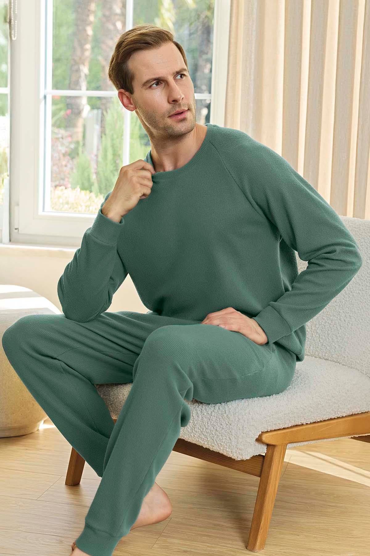 Erkek Aydoğan Waffle Uzun Kol Pijama Takımı 250648 Çağla Yeşil
