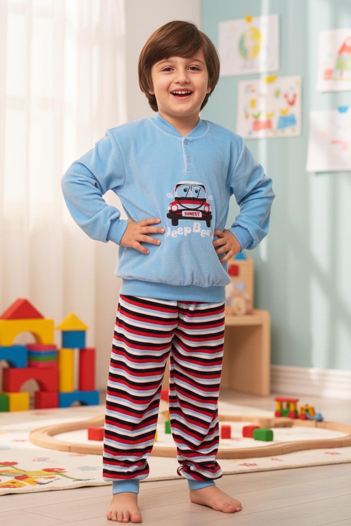 Erkek Çocuk Kadife Pijama Takımı 1664 Mavi01