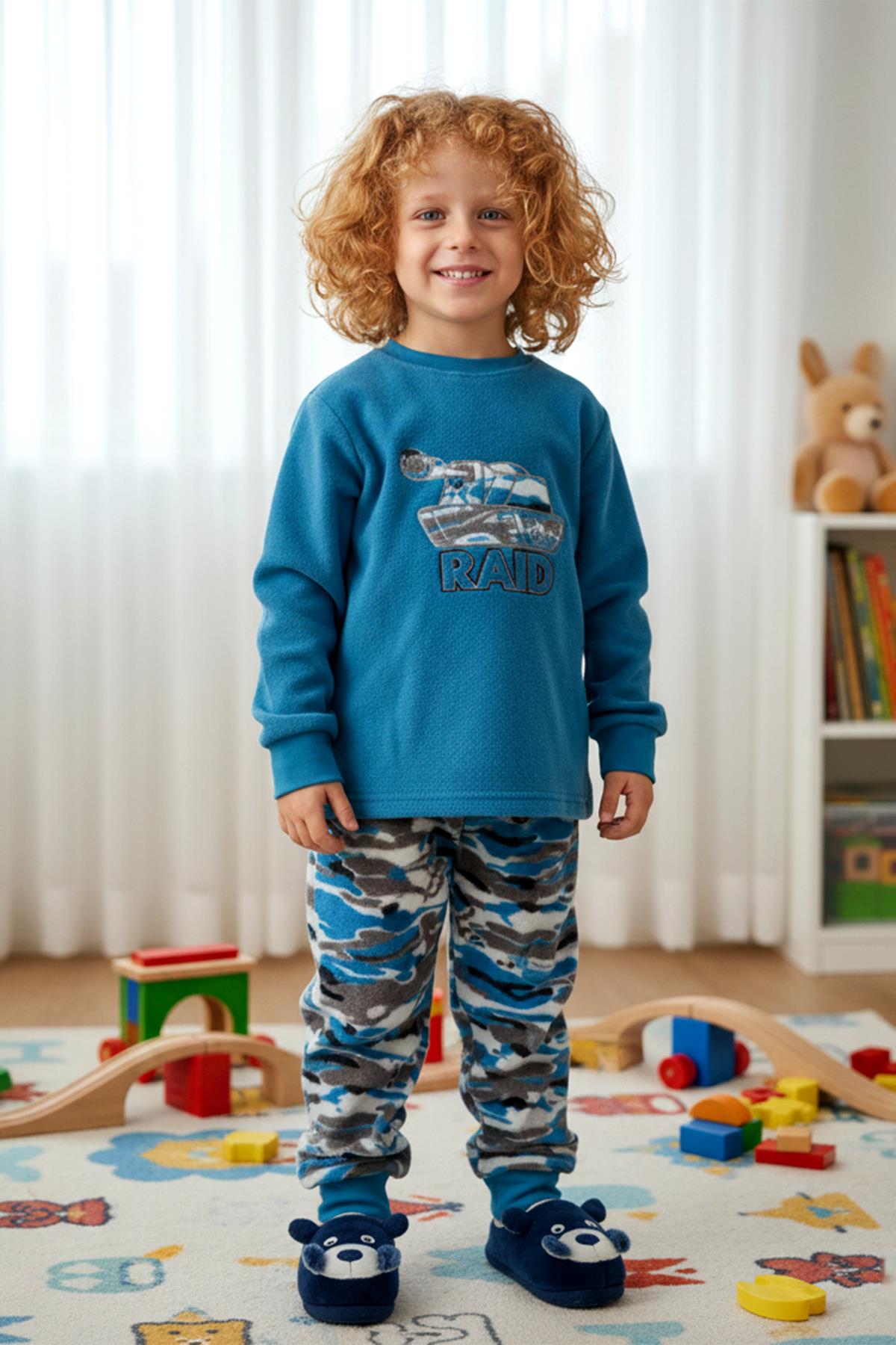 Erkek Çocuk Kadife Polar Desenli Pijama Takımı 1669 Petrol01