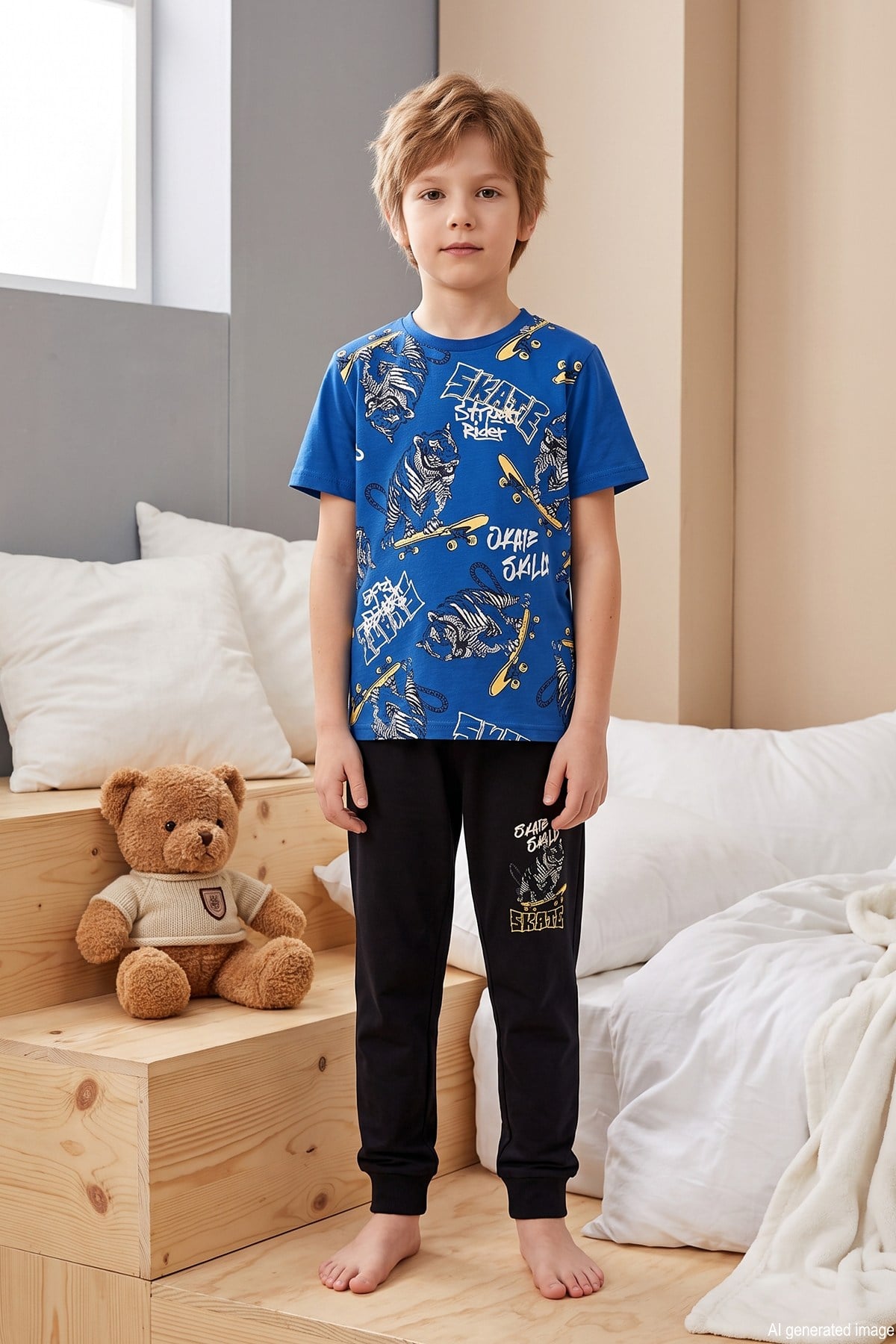 Erkek Çocuk Kısa Kol Penye Pijama Takımı 3973 Saks