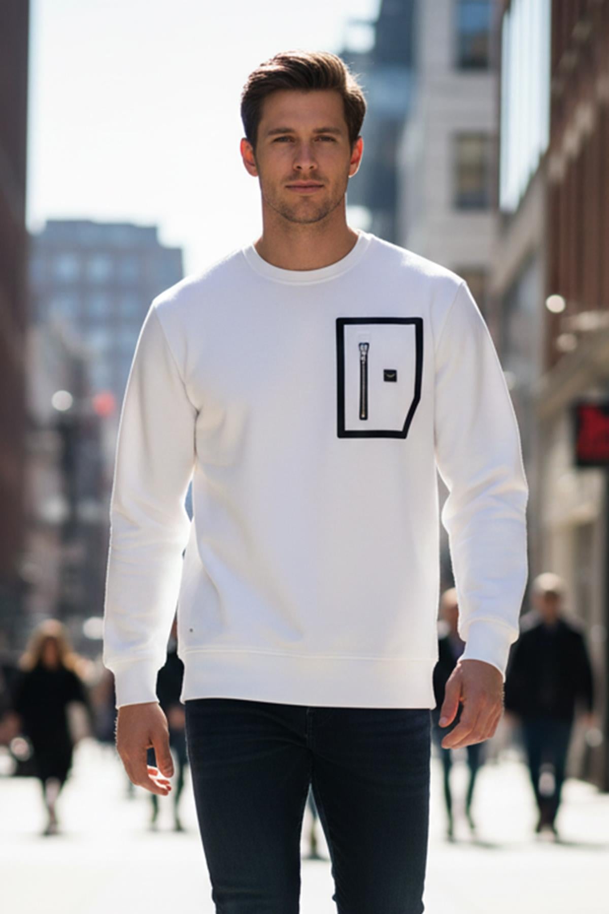 Erkek Fermuar Detay Bisiklet Yaka Pamuklu Sweatshirt 24722 Ekru