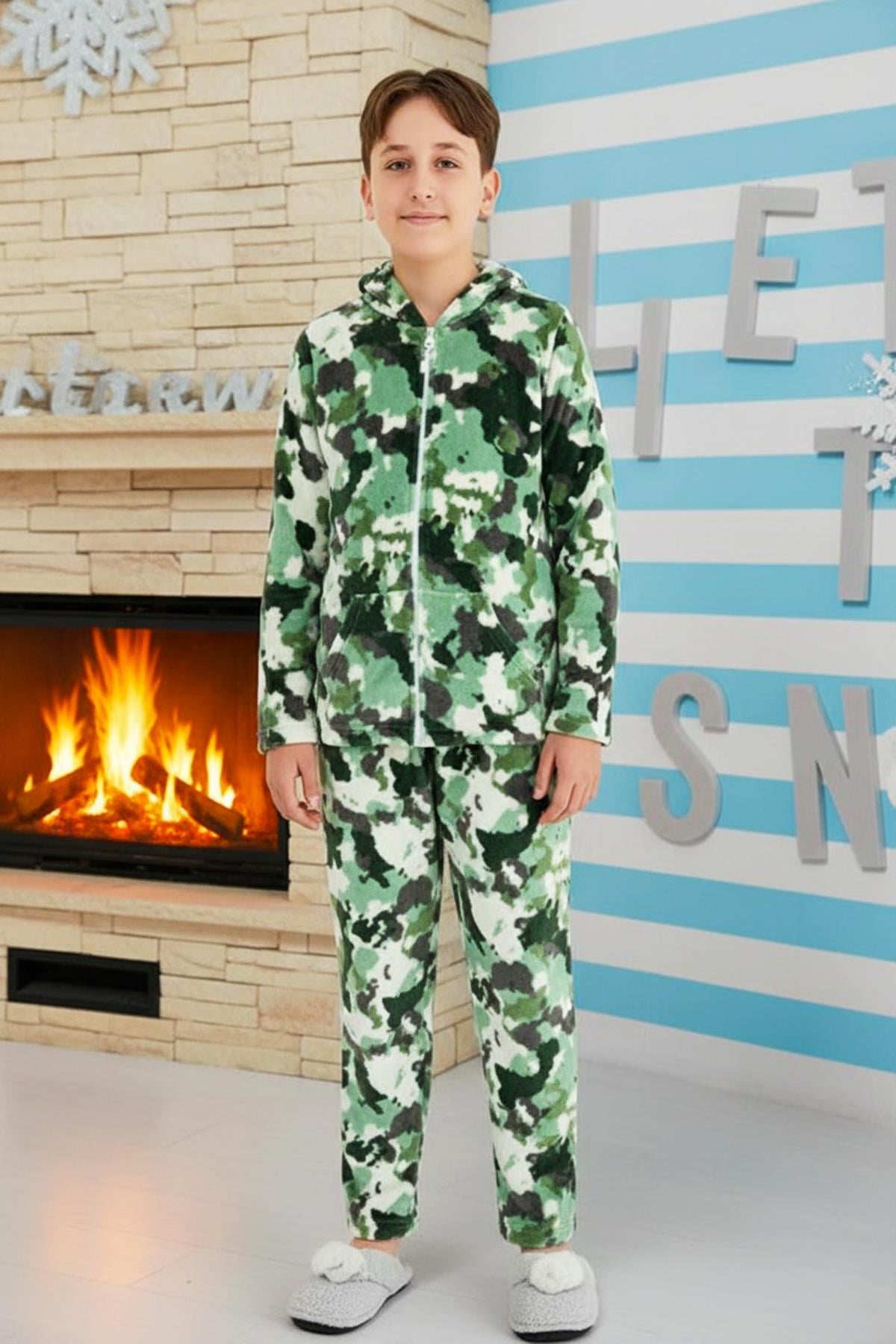 Erkek Genç Çocuk Kadife Kamuflaj Desen Pijama Takımı 240522 Yeşil