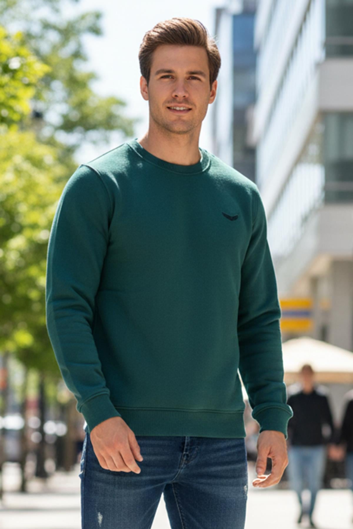 Erkek İçi Şardonlu Bisiklet Yaka Pamuklu Sweatshirt 0319 Zümrüt Yeşil