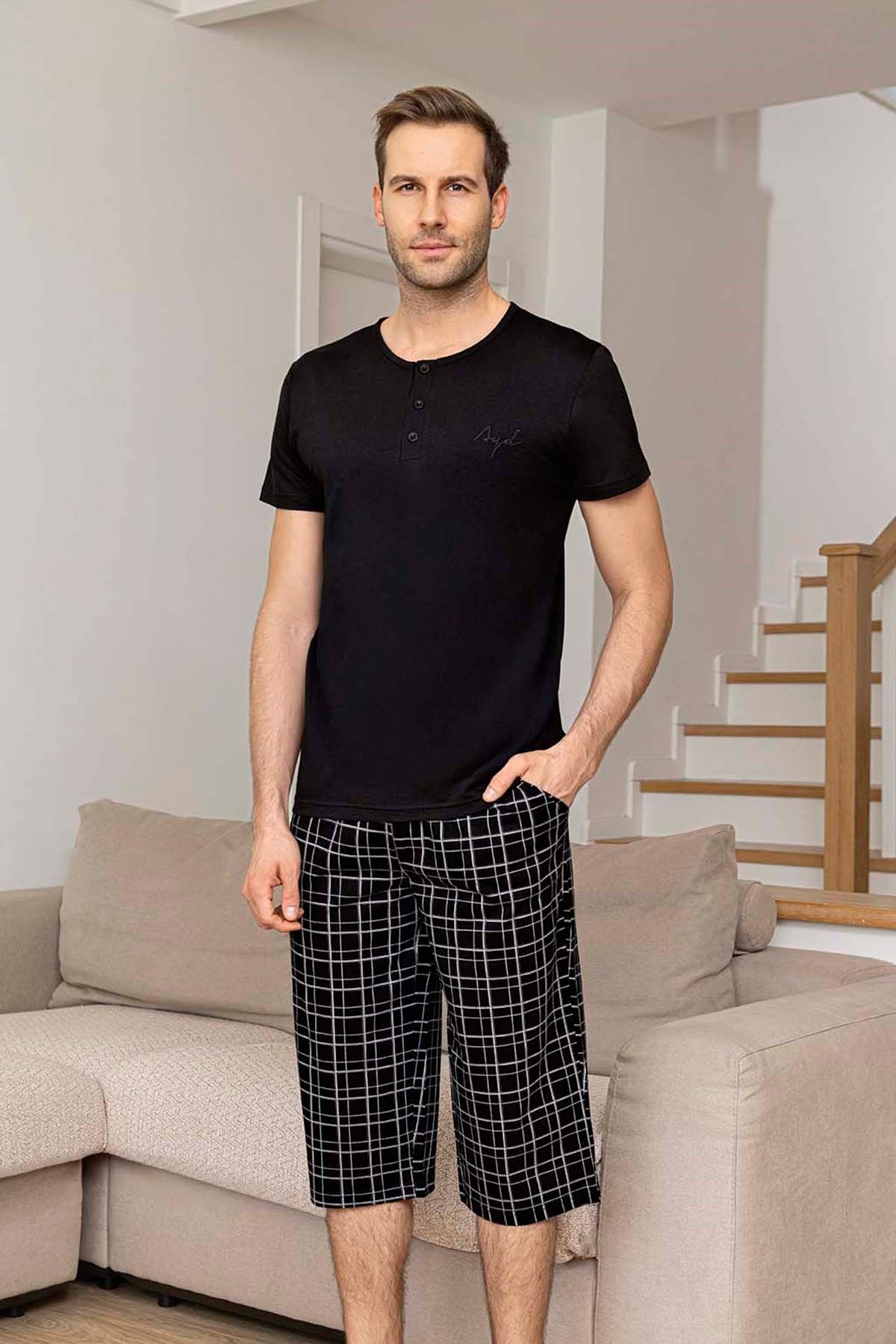 Erkek Kısa Kol Kaprili Modal Pijama Takımı 260030 Siyah02