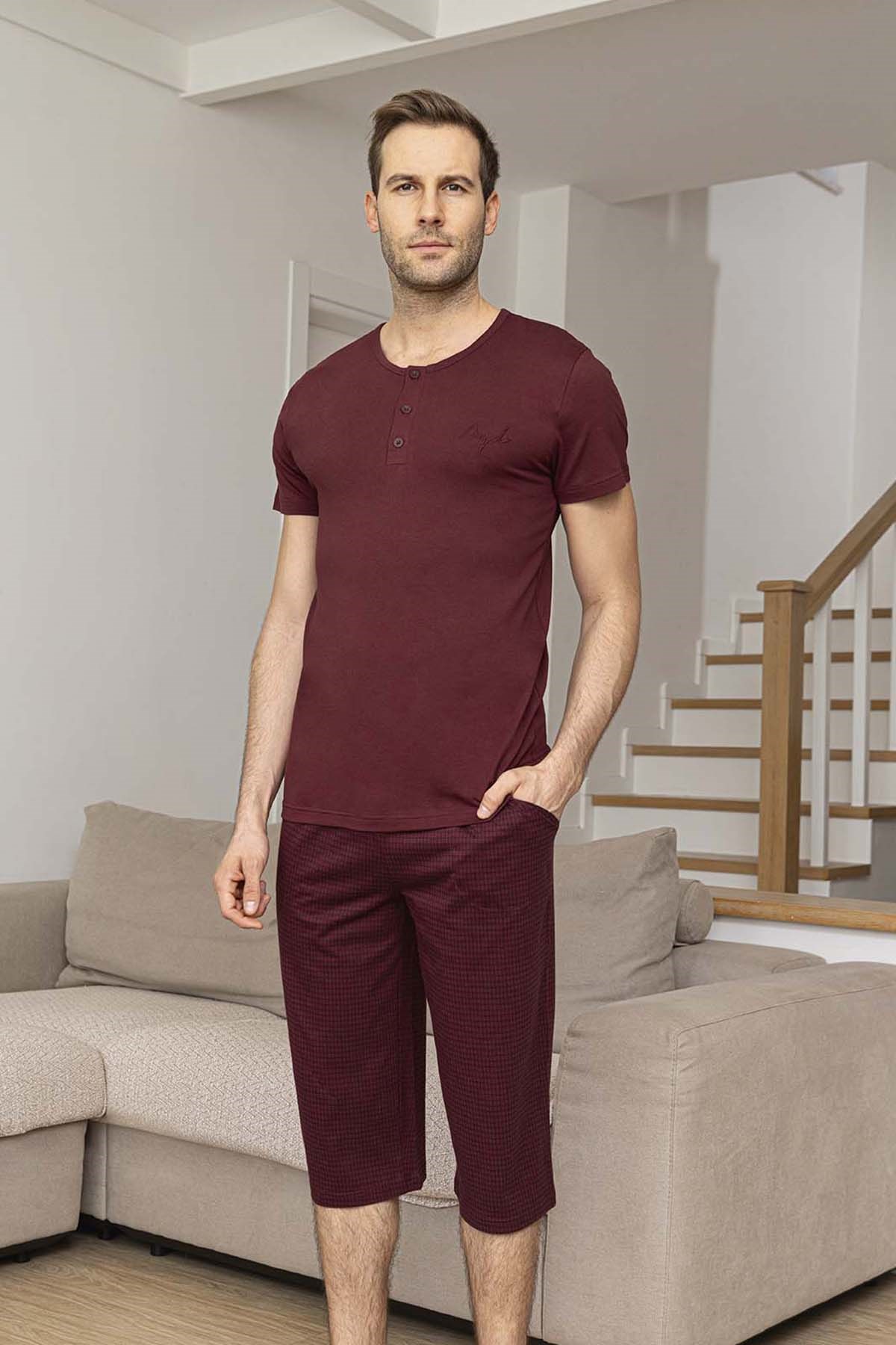 Erkek Kısa Kol Kaprili Modal Pijama Takımı 260027 Bordo