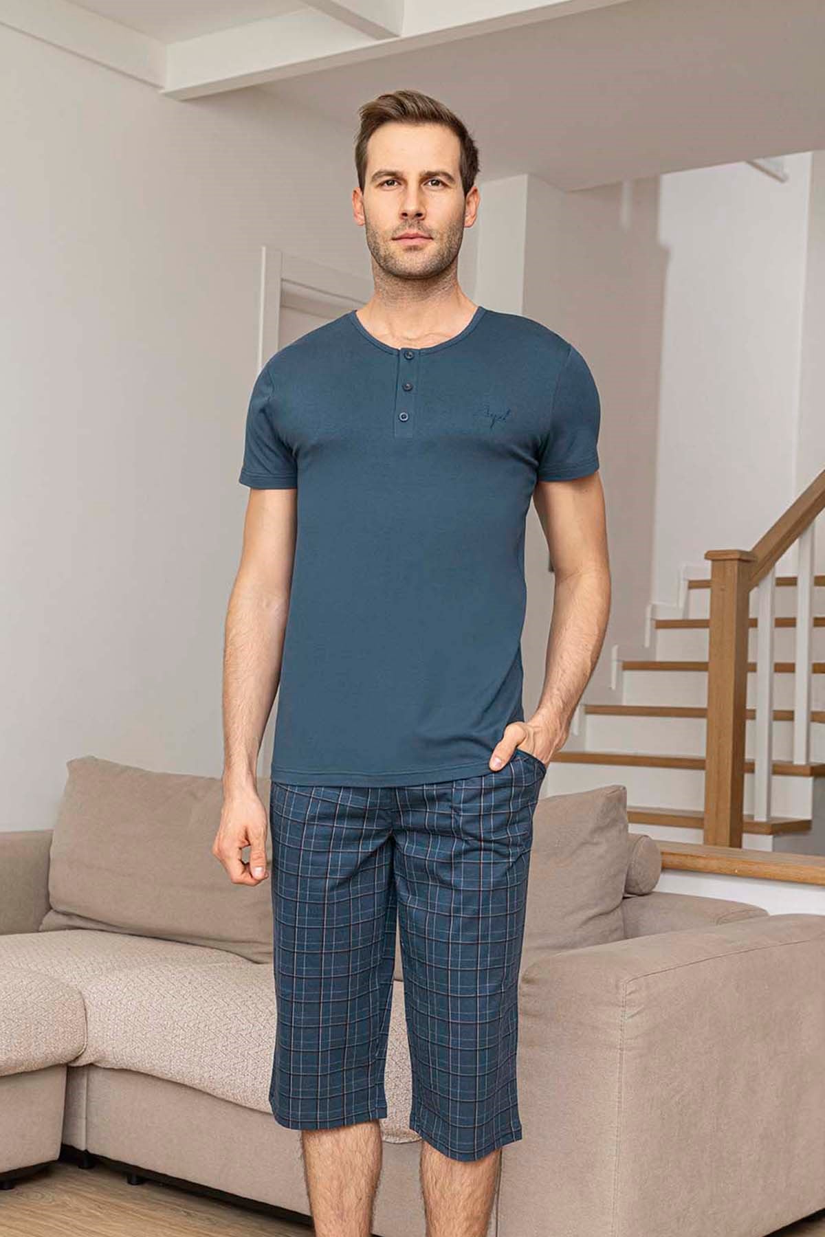 Erkek Kısa Kol Kaprili Modal Pijama Takımı 260025 İndigo01