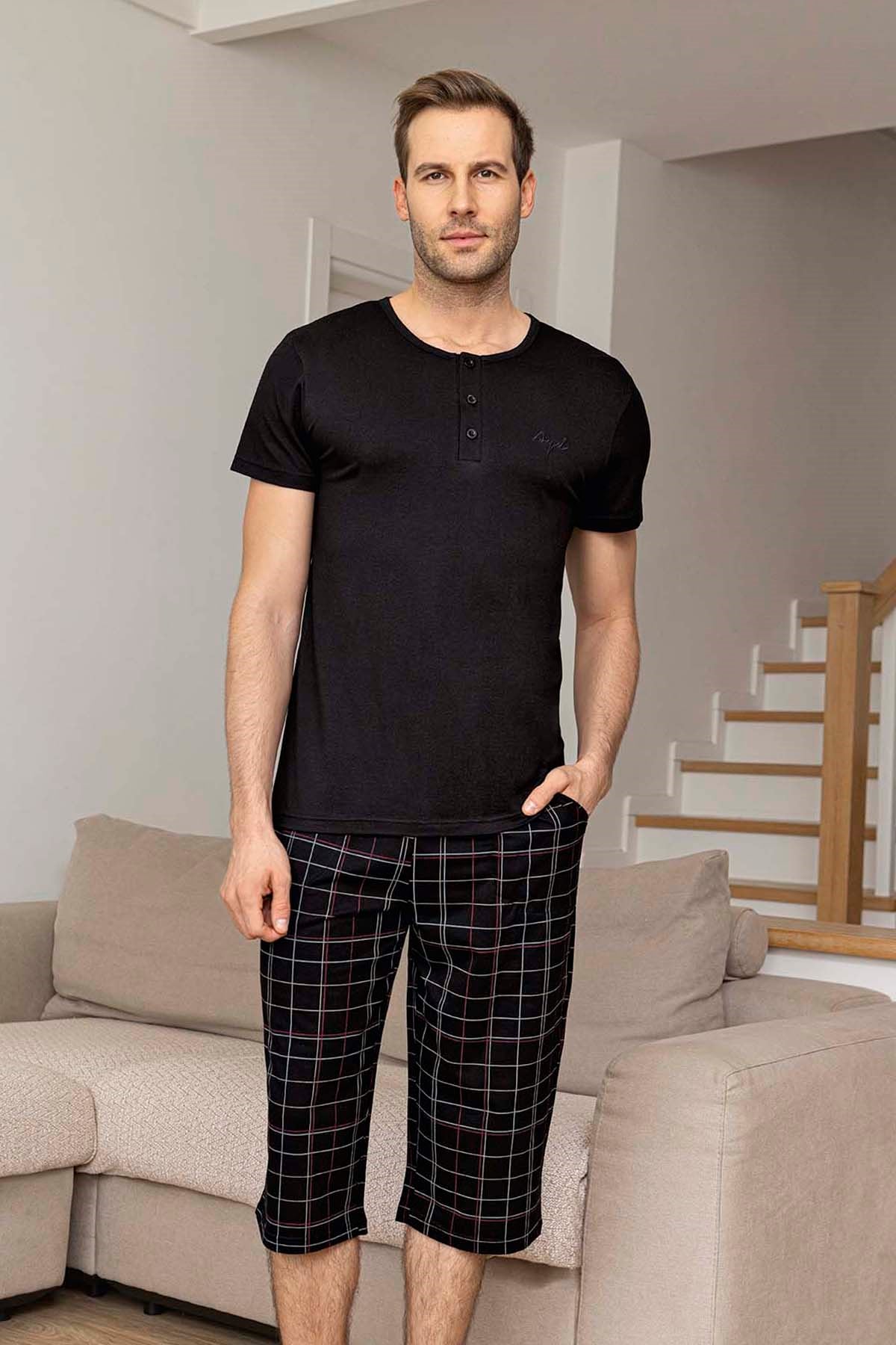 Erkek Kısa Kol Kaprili Modal Pijama Takımı 260033 Siyah01