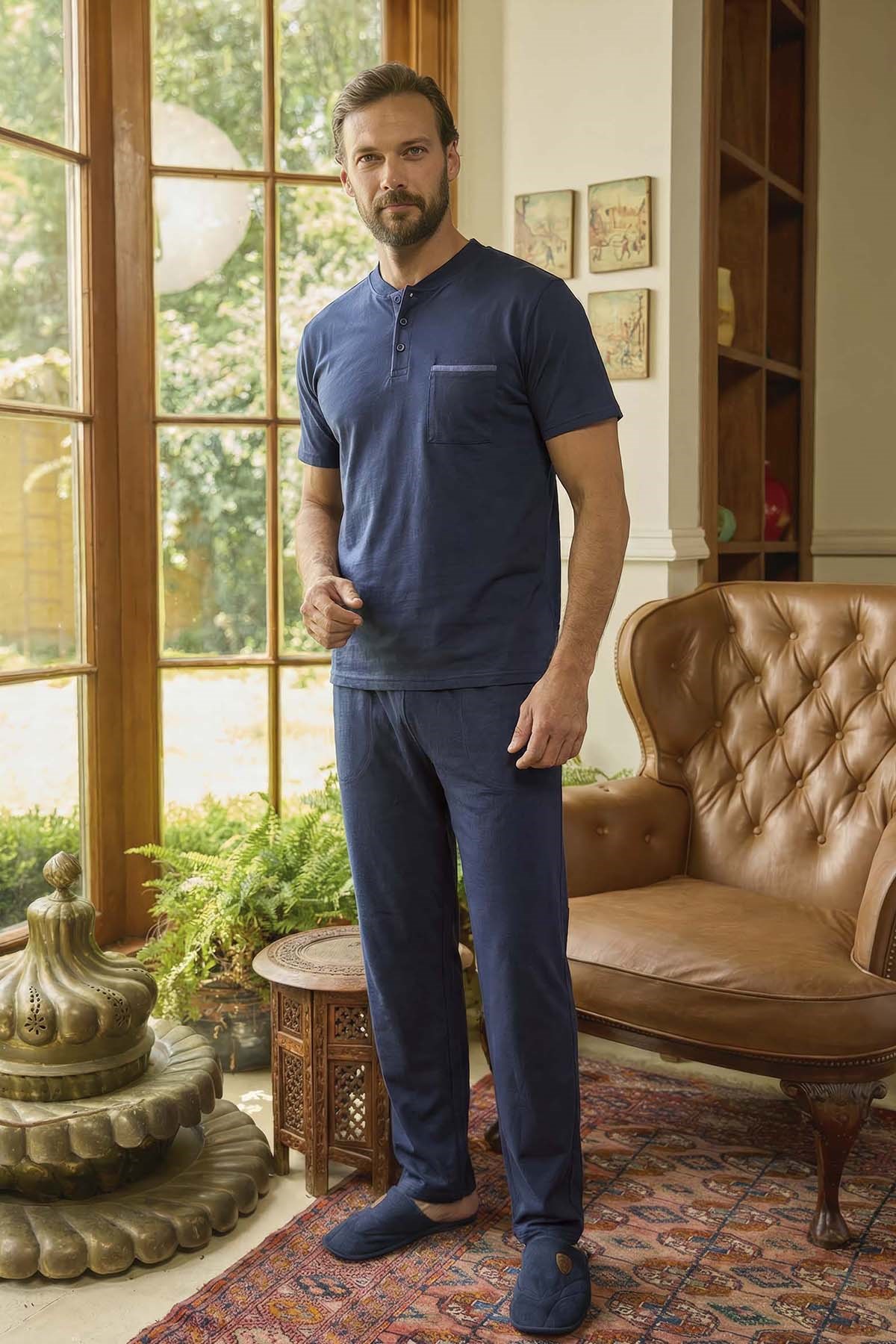 Erkek Kısa Kol Pamuklu Pijama Takımı 260422 Koyu Lacivert