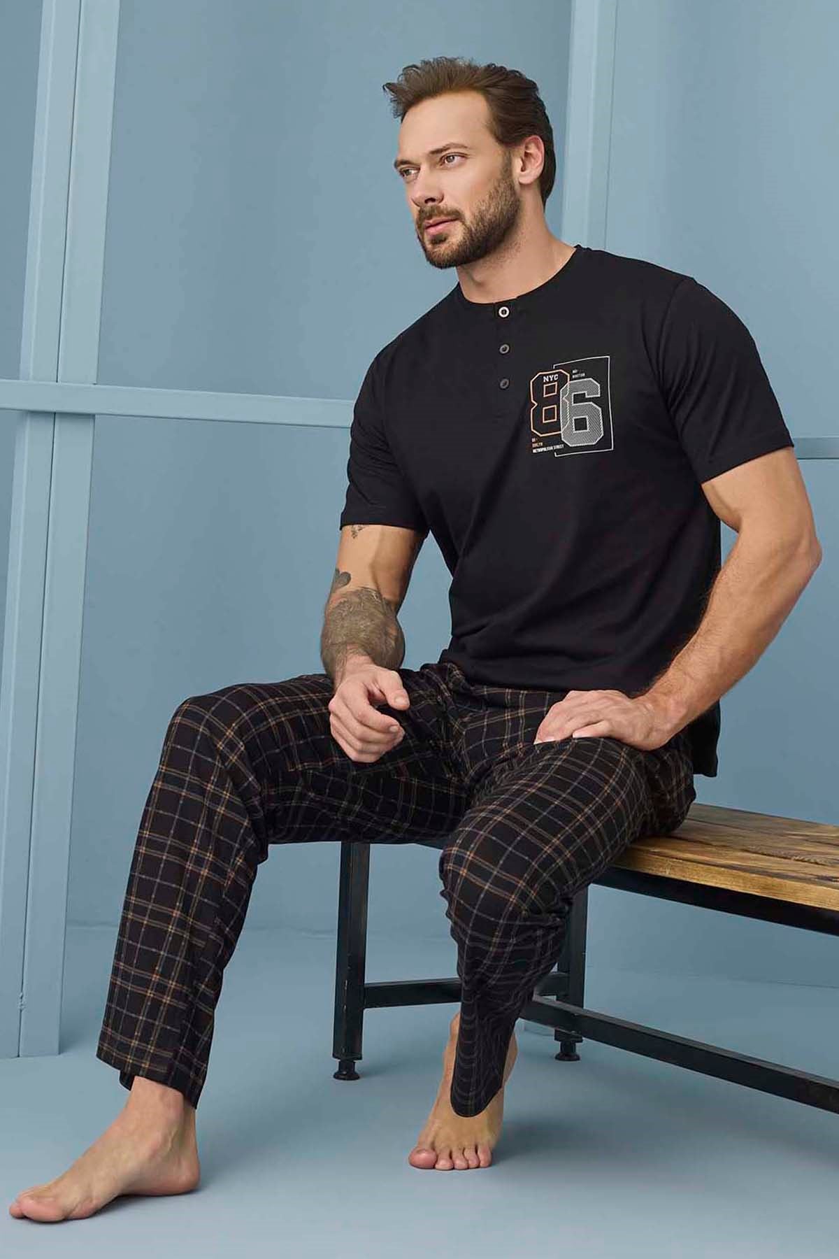 Erkek Kısa Kol Pamuklu Pijama Takımı 7956 Siyah