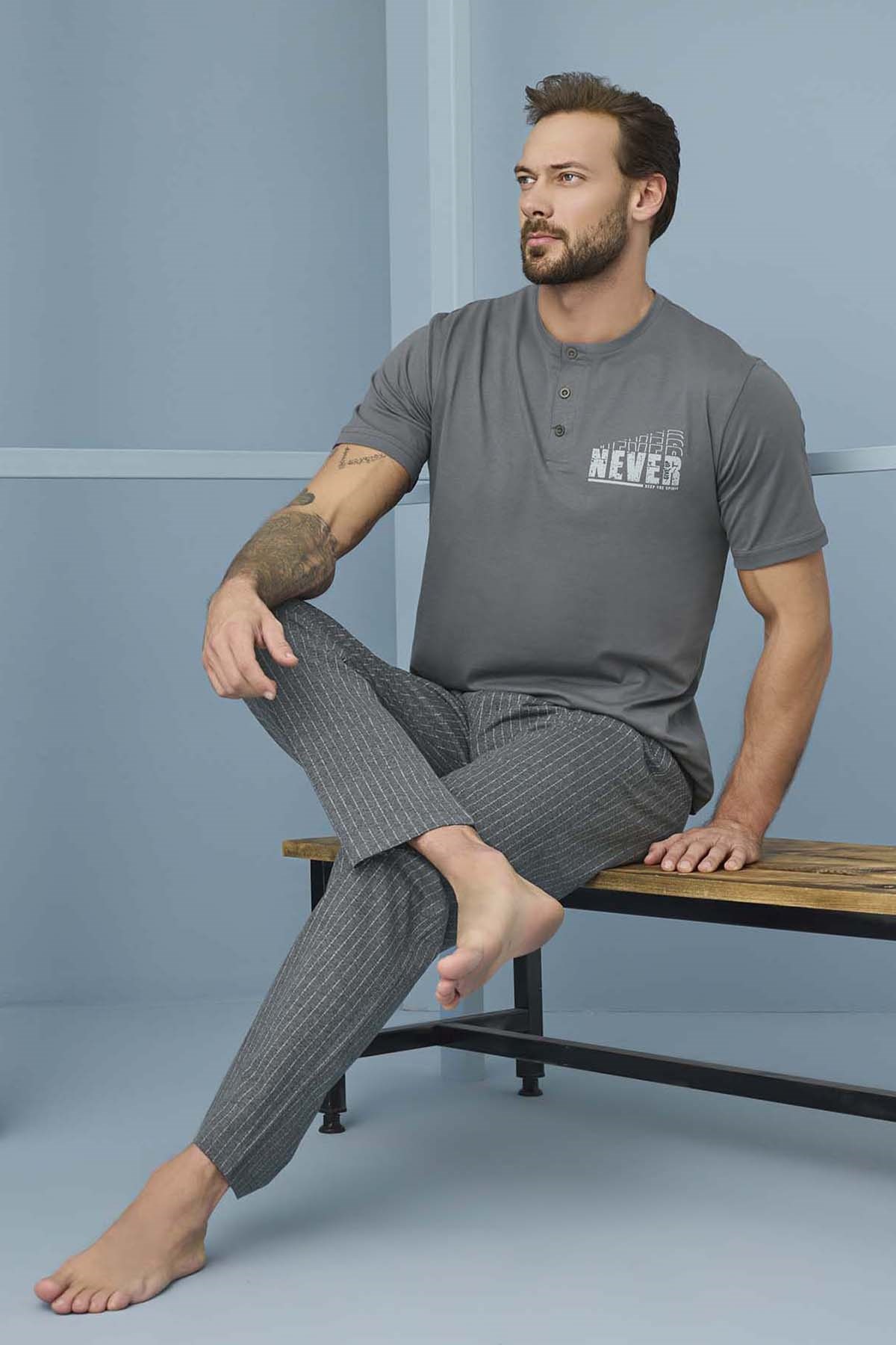 Erkek Kısa Kol Pamuklu Pijama Takımı 7966 Antrasit01