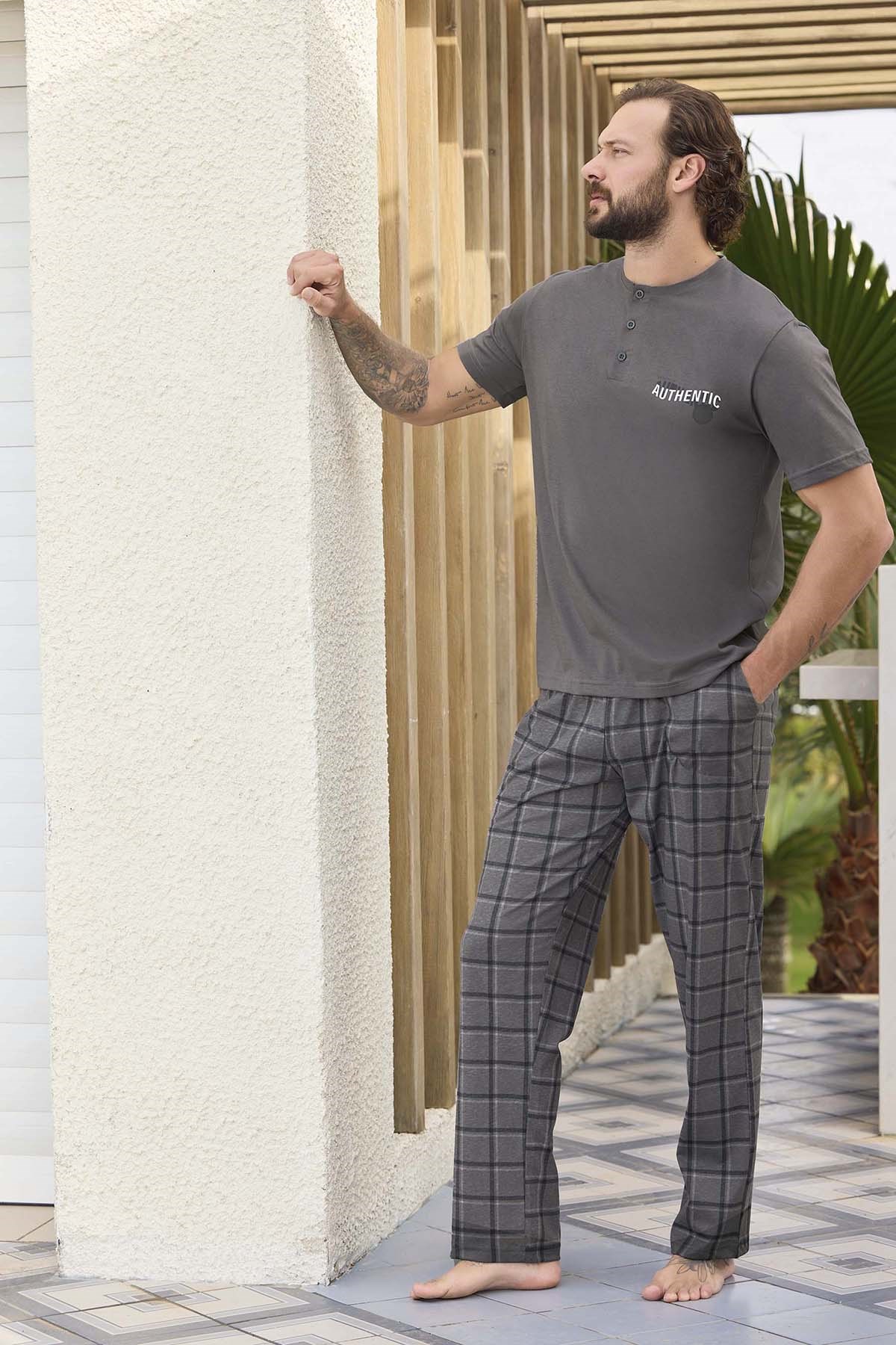 Erkek Kısa Kol Pamuklu Suprem Pijama Takımı 240328 Antrasit