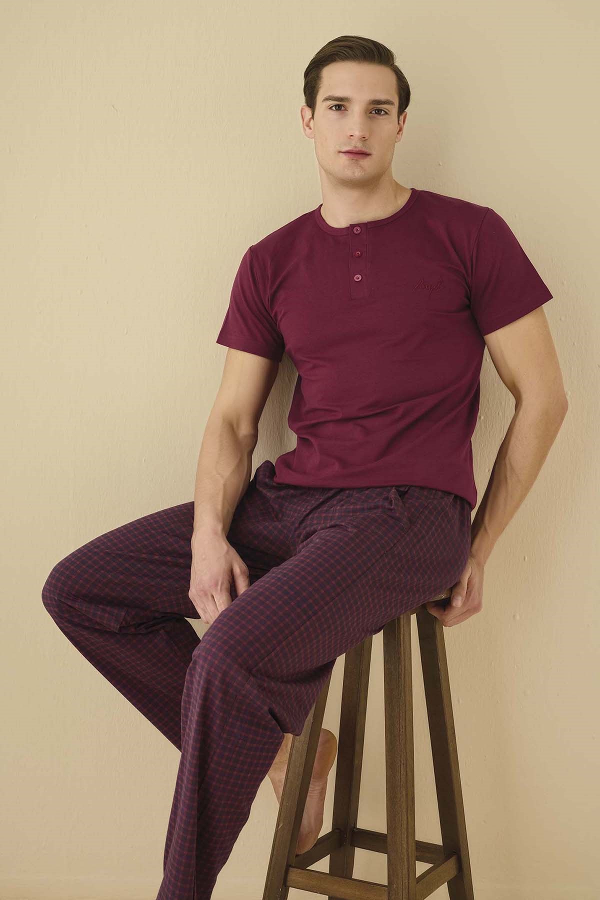 Erkek Önü Yarım Düğmeli Kısa Kol Modal Pijama Takımı 7978 Bordo